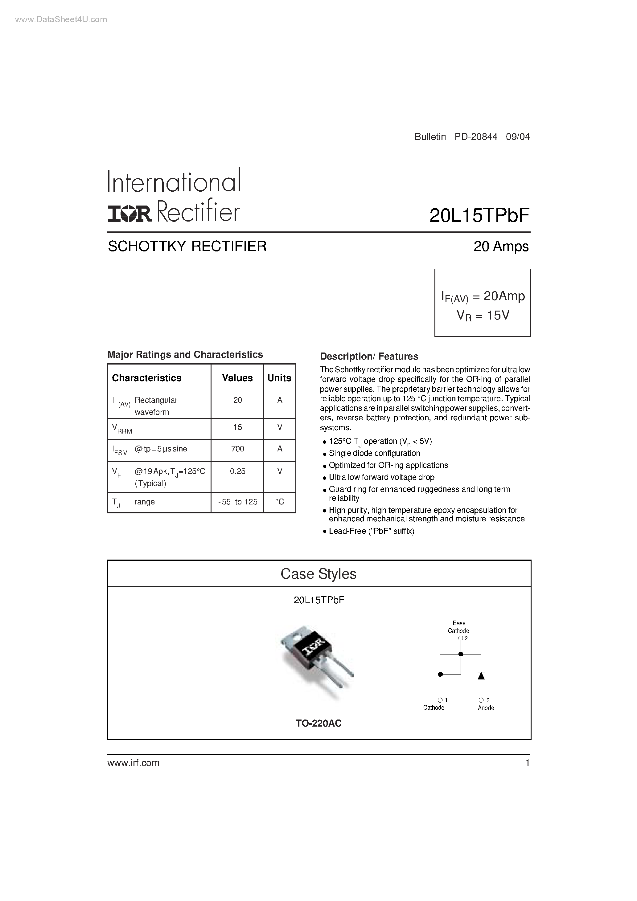 Datasheet 20L15TPBF - SCHOTTKY RECTIFIER page 1