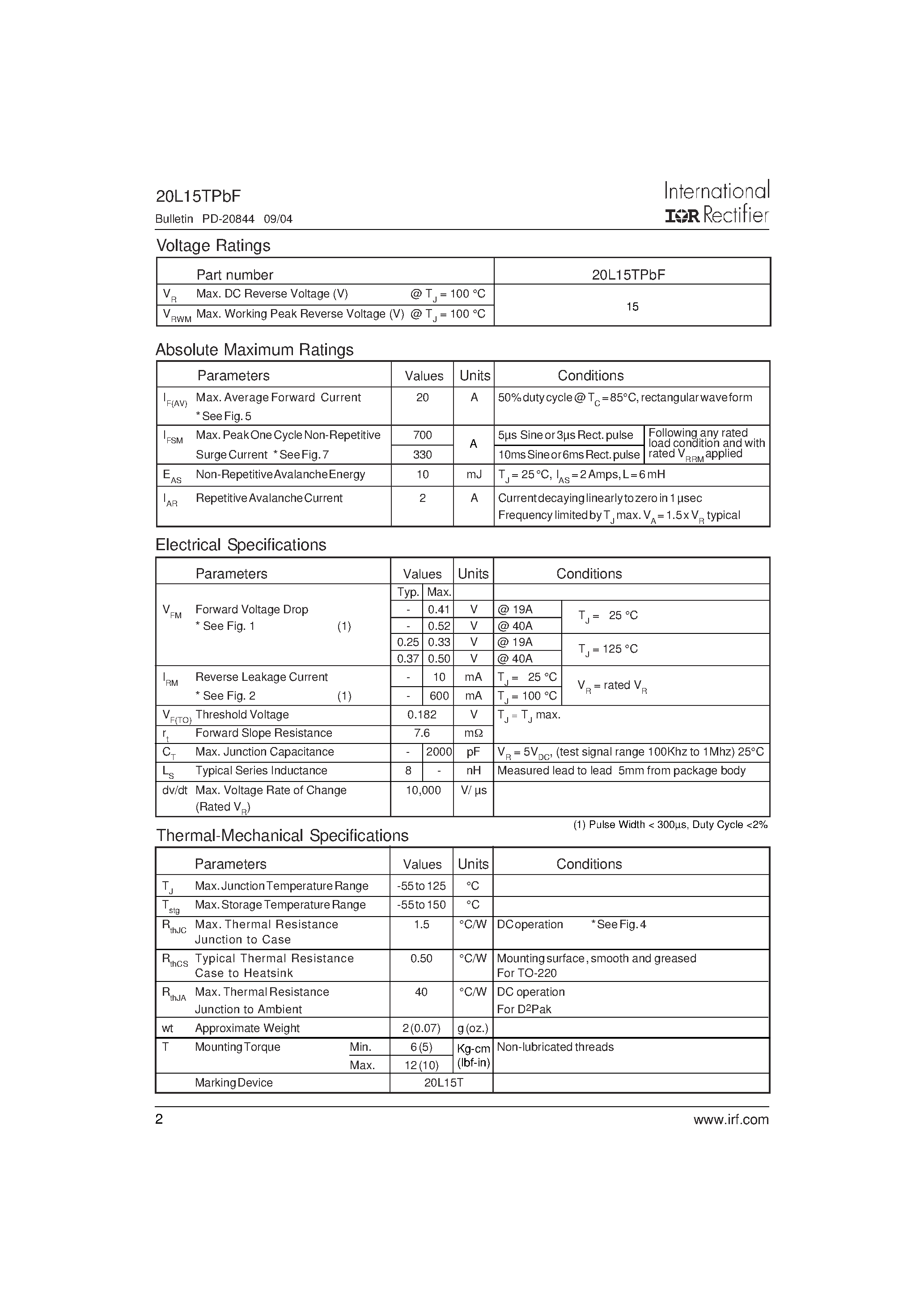 Datasheet 20L15TPBF - SCHOTTKY RECTIFIER page 2