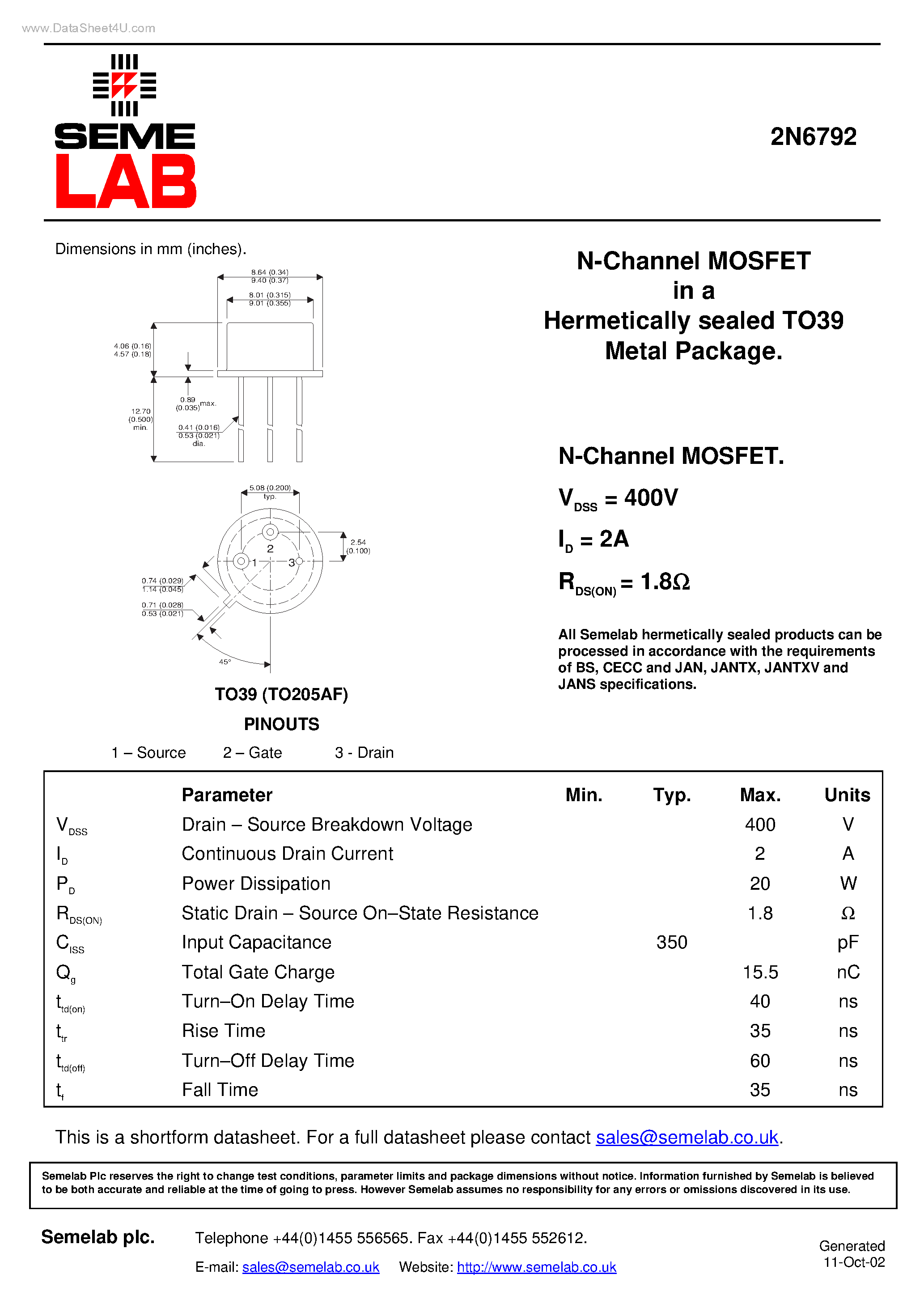 Даташит на микросхему 2N6792 страница 1 Даташит 2N6792 - N-Channel MOSFET страница 1