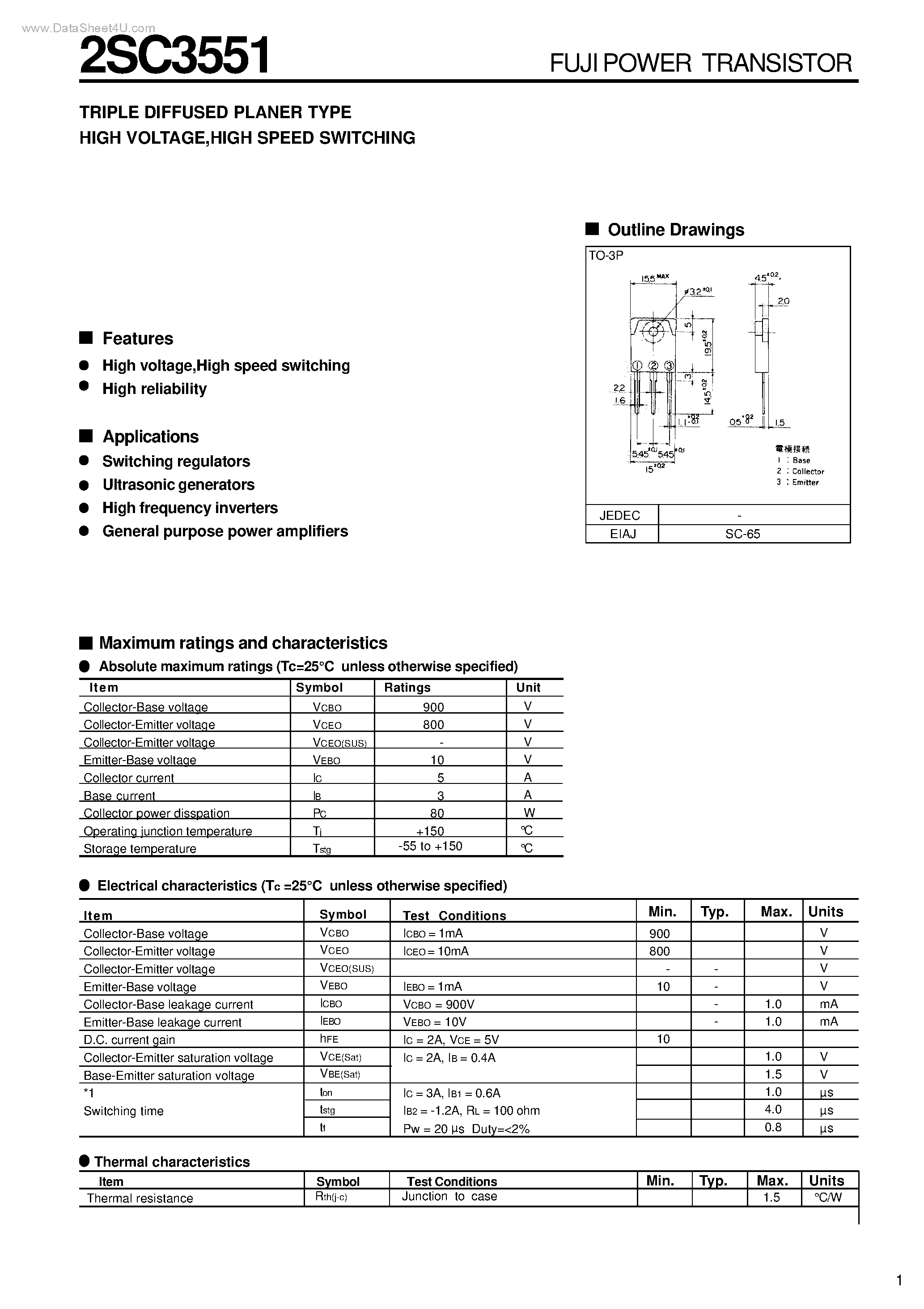 Datasheet 2SC3551 - TRIPLE DIFFUSED PLANER TYPE HIGH VOLTAGE page 1