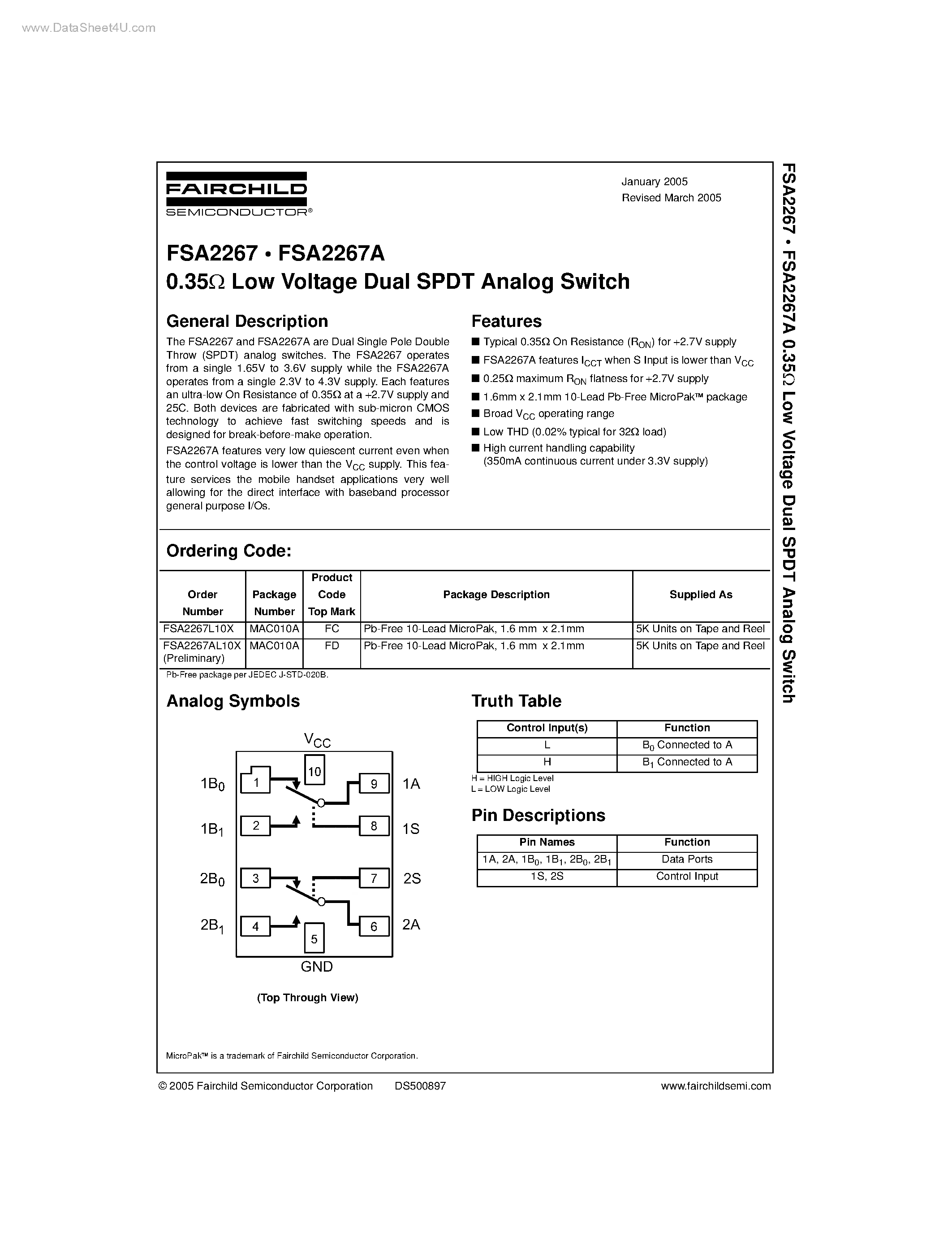 Даташит на микросхему FSA2267 страница 1 Даташит FSA2267 - Low Voltage Dual SPDT Analog Switch страница 1