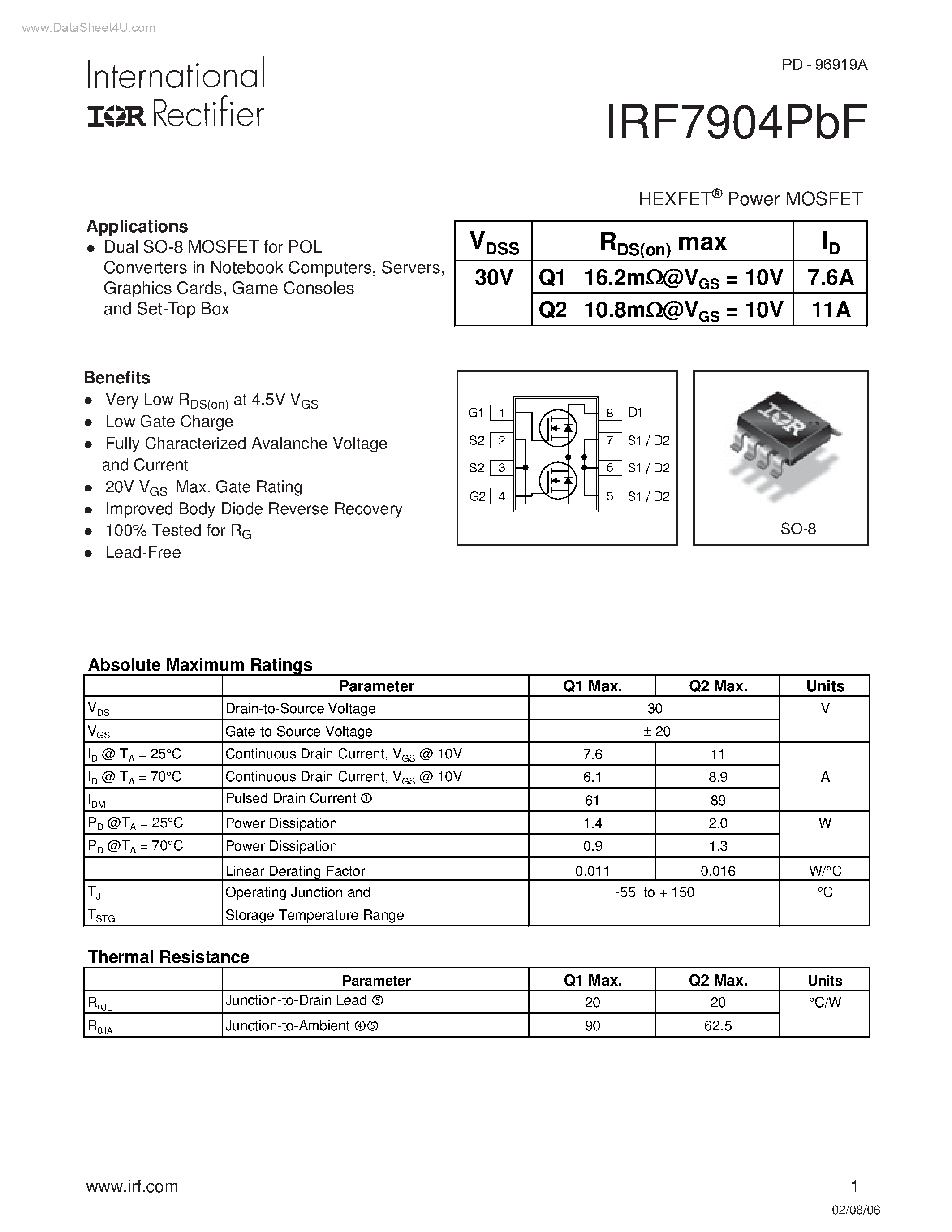 Datasheet IRF7904PBF - Dual SO-8 MOSFET page 1