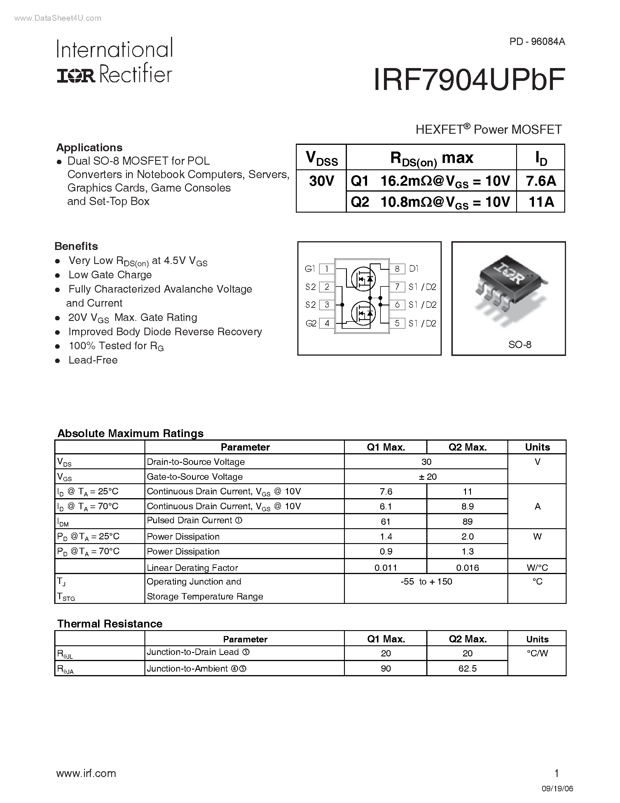 Datasheet IRF7904UPBF - HEXFET Power MOSFET page 1