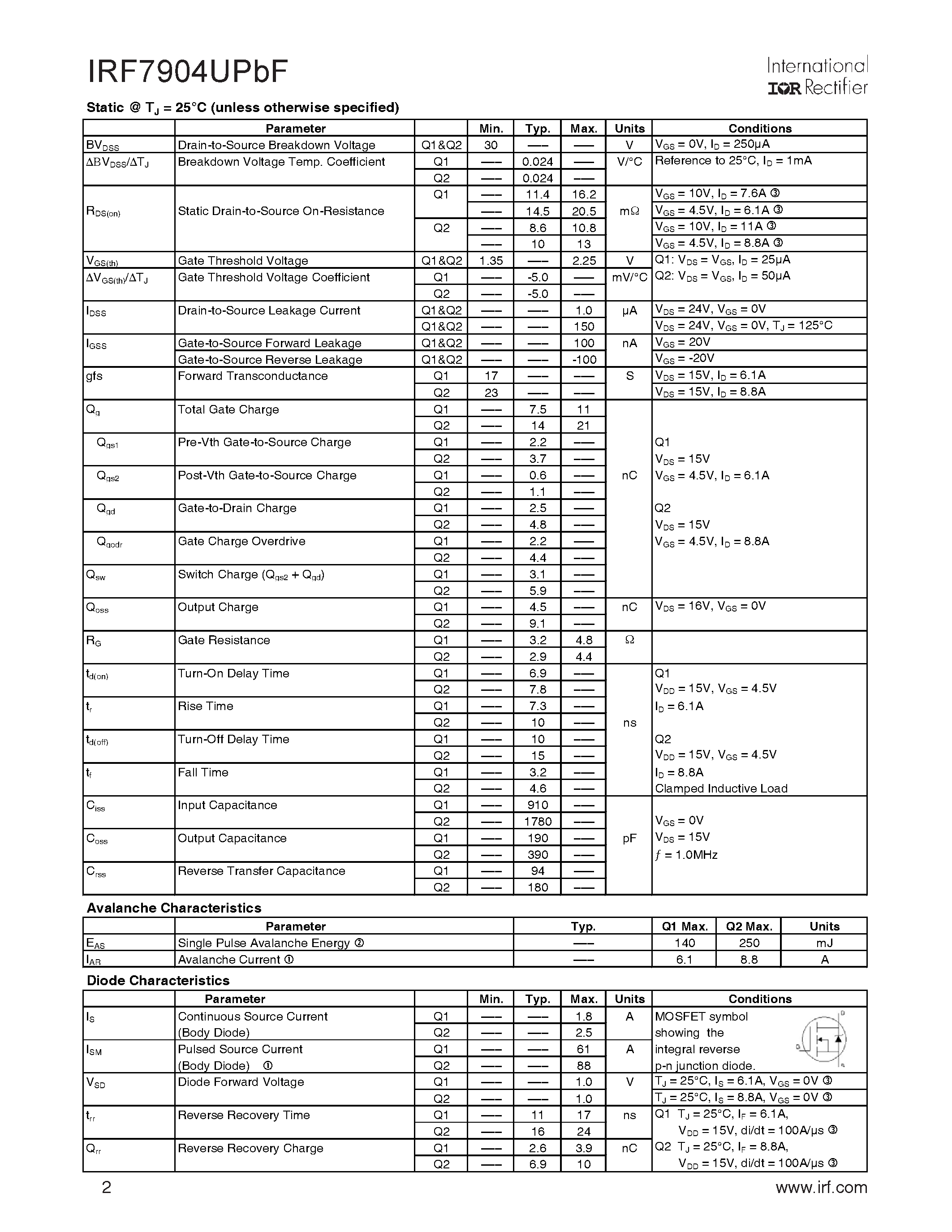 Datasheet IRF7904UPBF - HEXFET Power MOSFET page 2