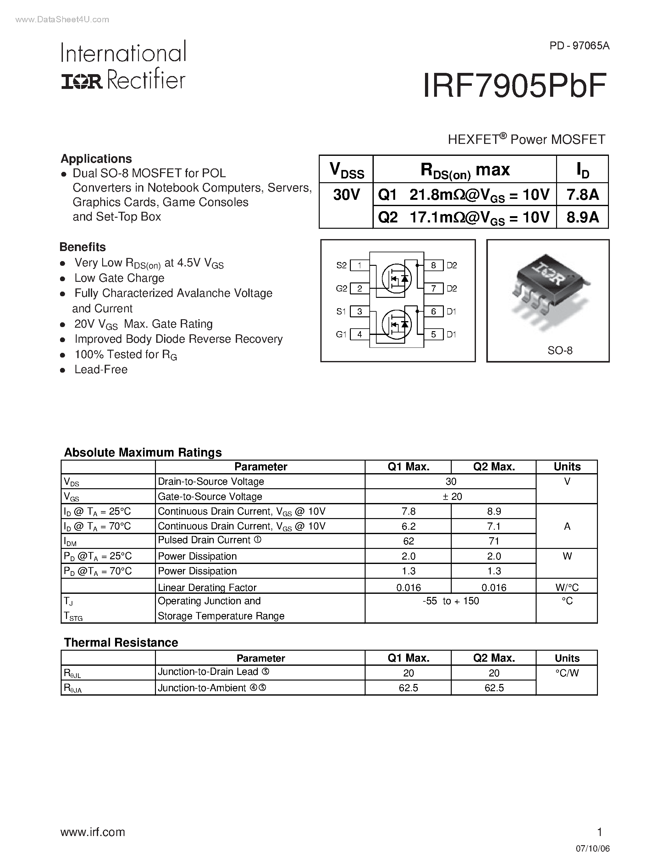 Datasheet IRF7905PBF - HEXFET Power MOSFET page 1