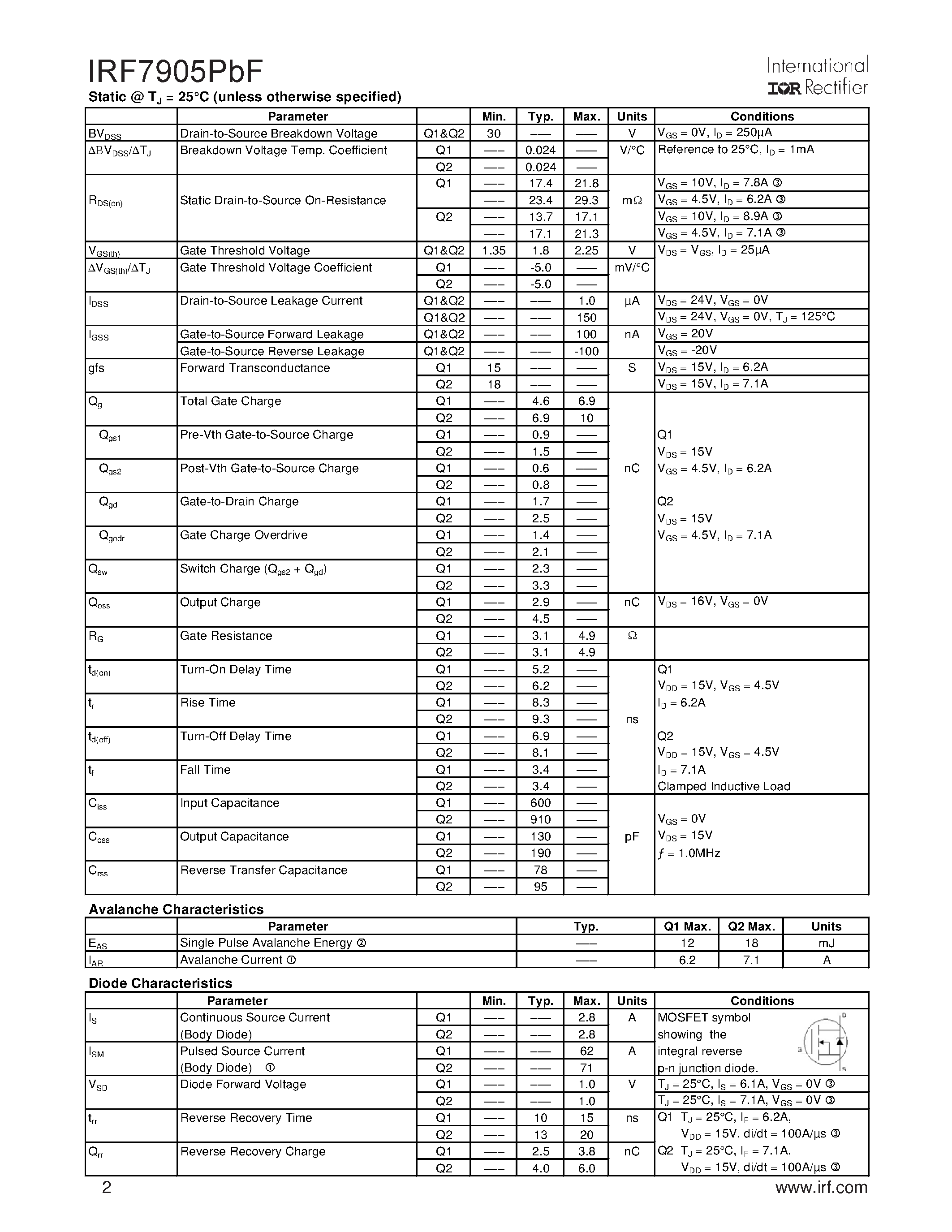 Datasheet IRF7905PBF - HEXFET Power MOSFET page 2