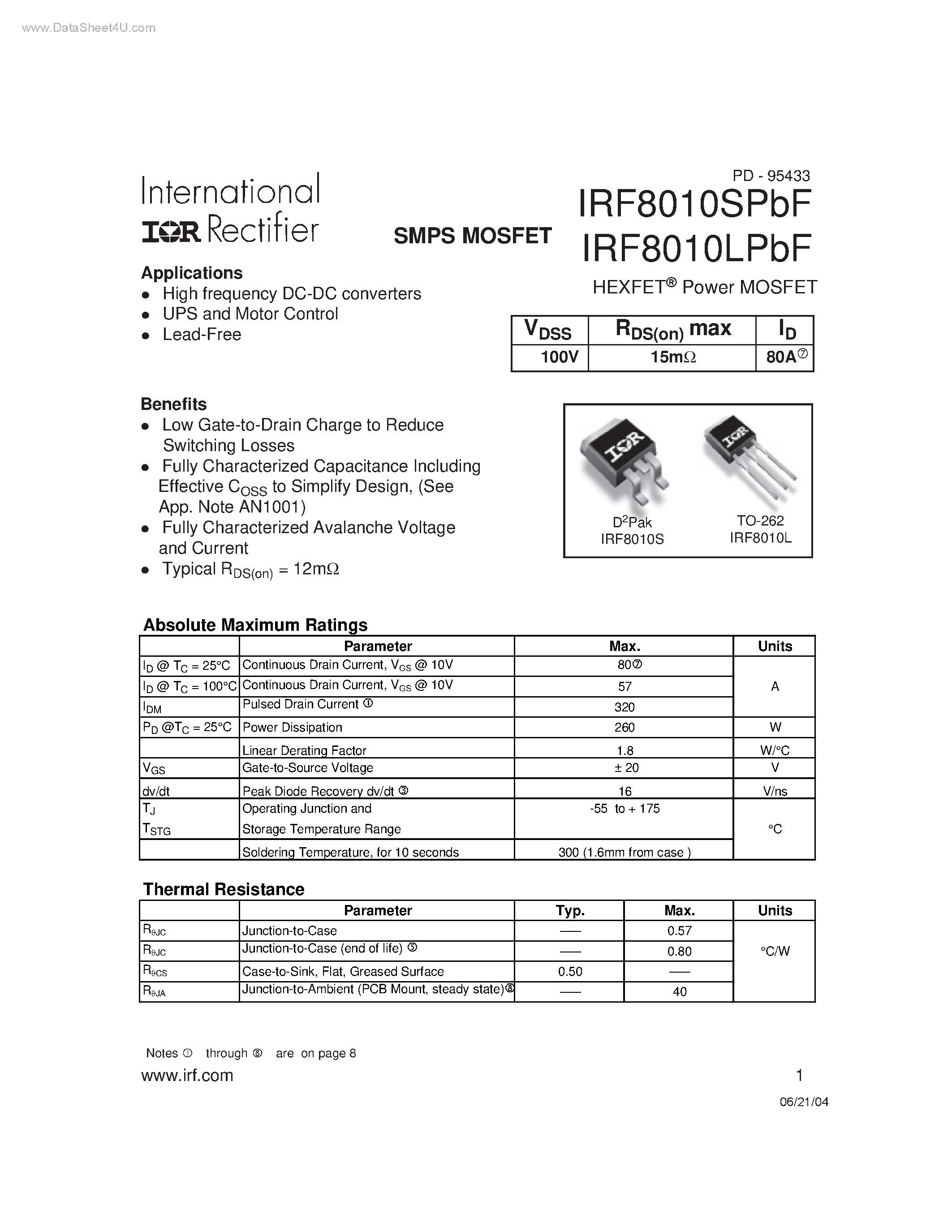 Datasheet IRF8010LPBF - HEXFET Power MOSFET page 1