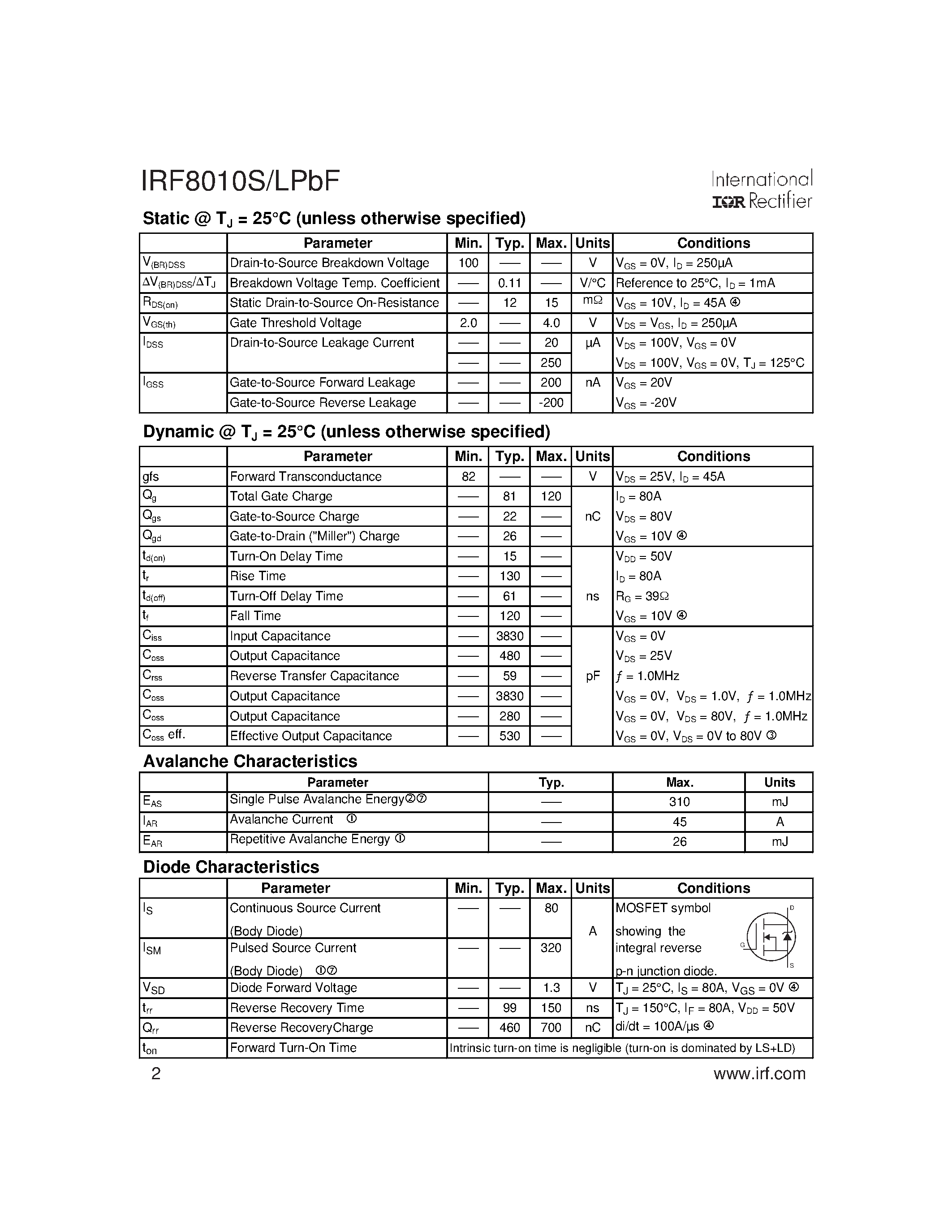 Datasheet IRF8010LPBF - HEXFET Power MOSFET page 2