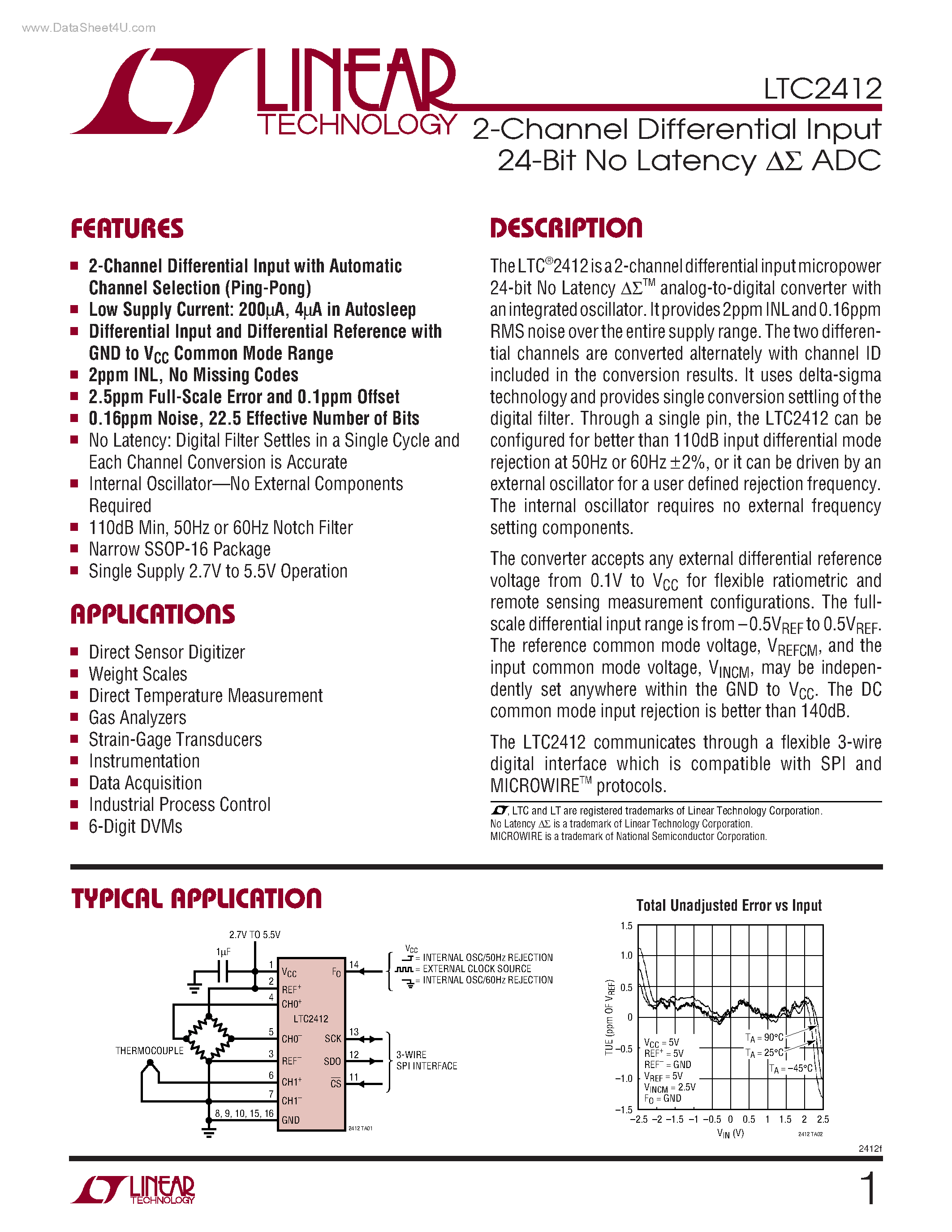 Datasheet LTC2412 - 2-Channel Differential Input 24-Bit No Latency DS ADC page 1