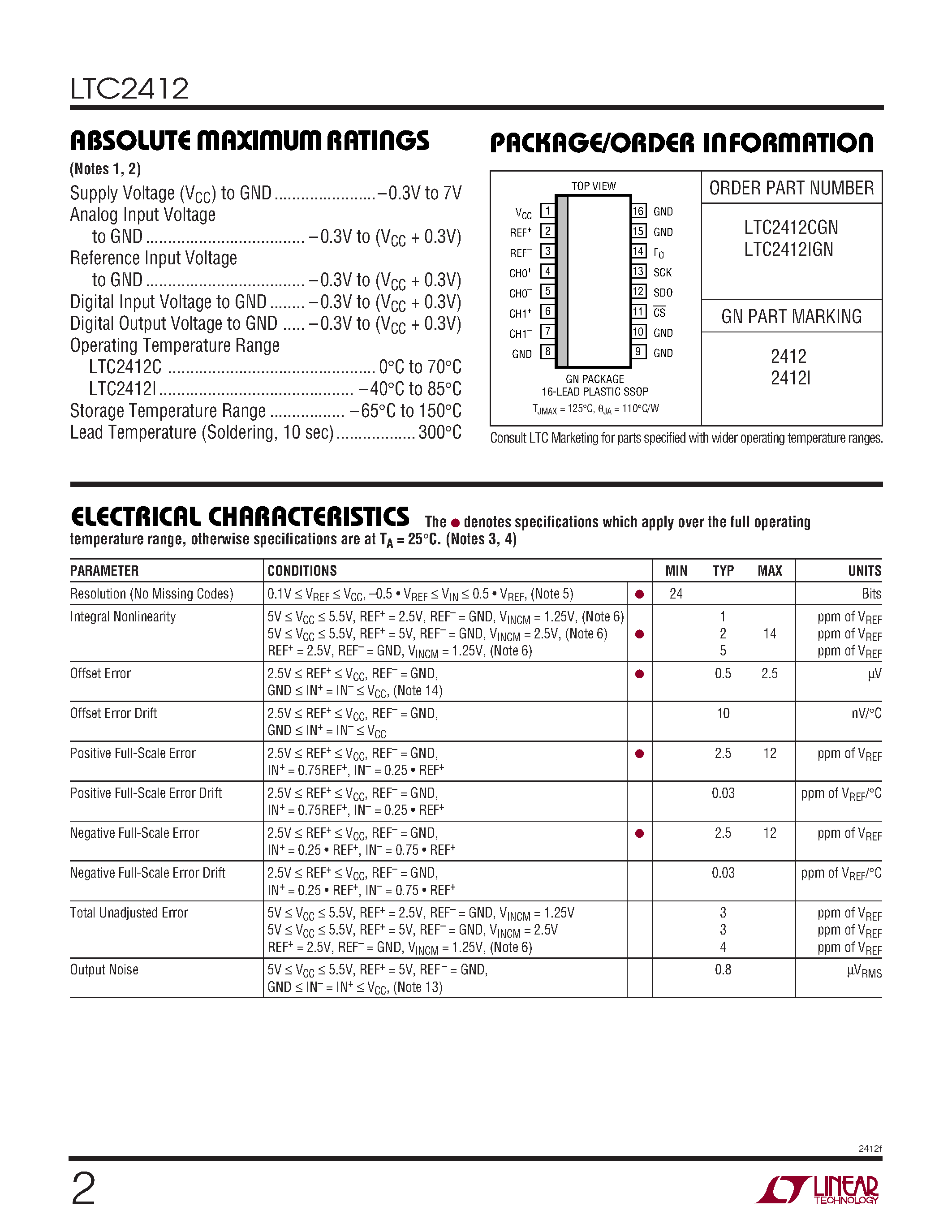 Datasheet LTC2412 - 2-Channel Differential Input 24-Bit No Latency DS ADC page 2