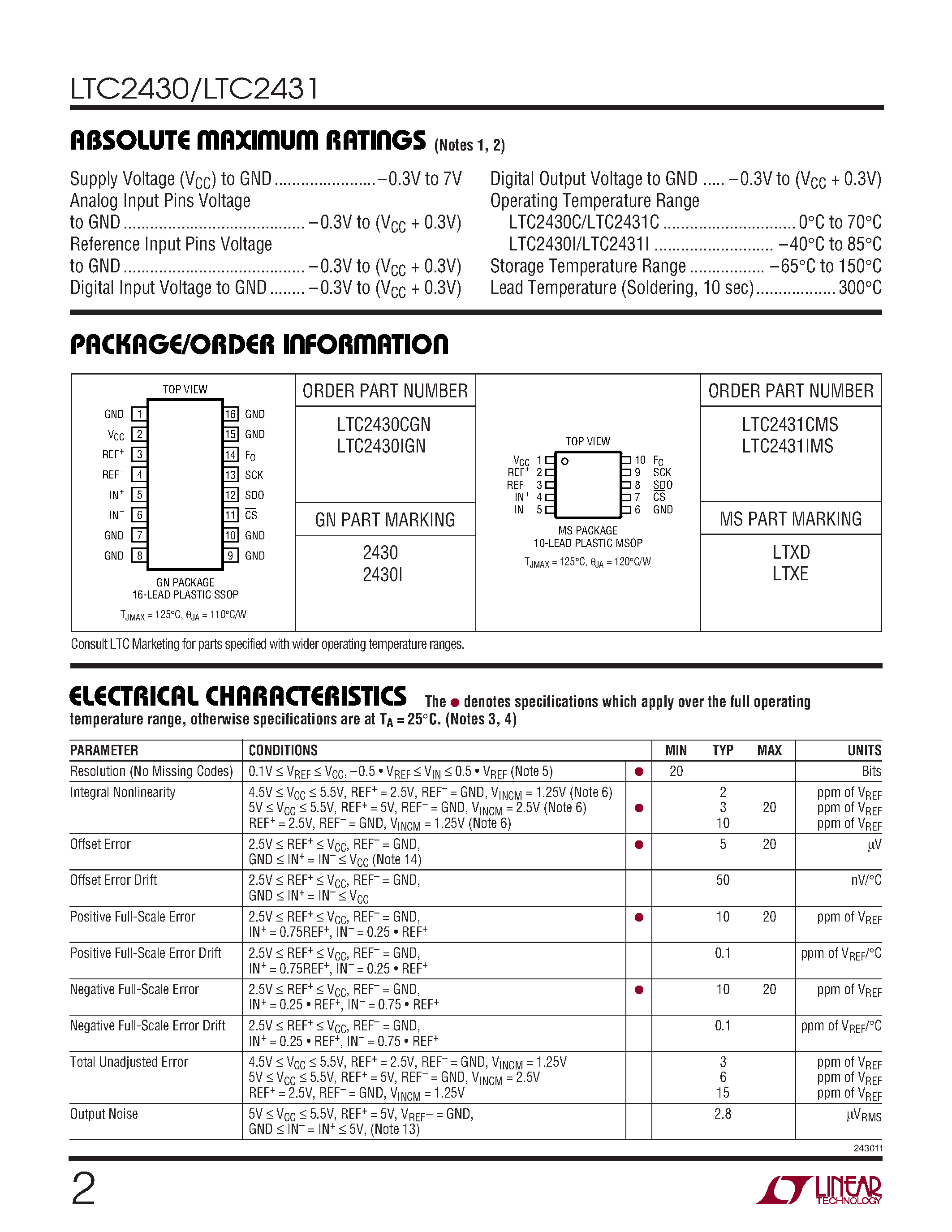 Даташит LTC2430 - (LTC2430 / LTC2431) 20-Bit No Latency Delta-Sigma ADCs страница 2