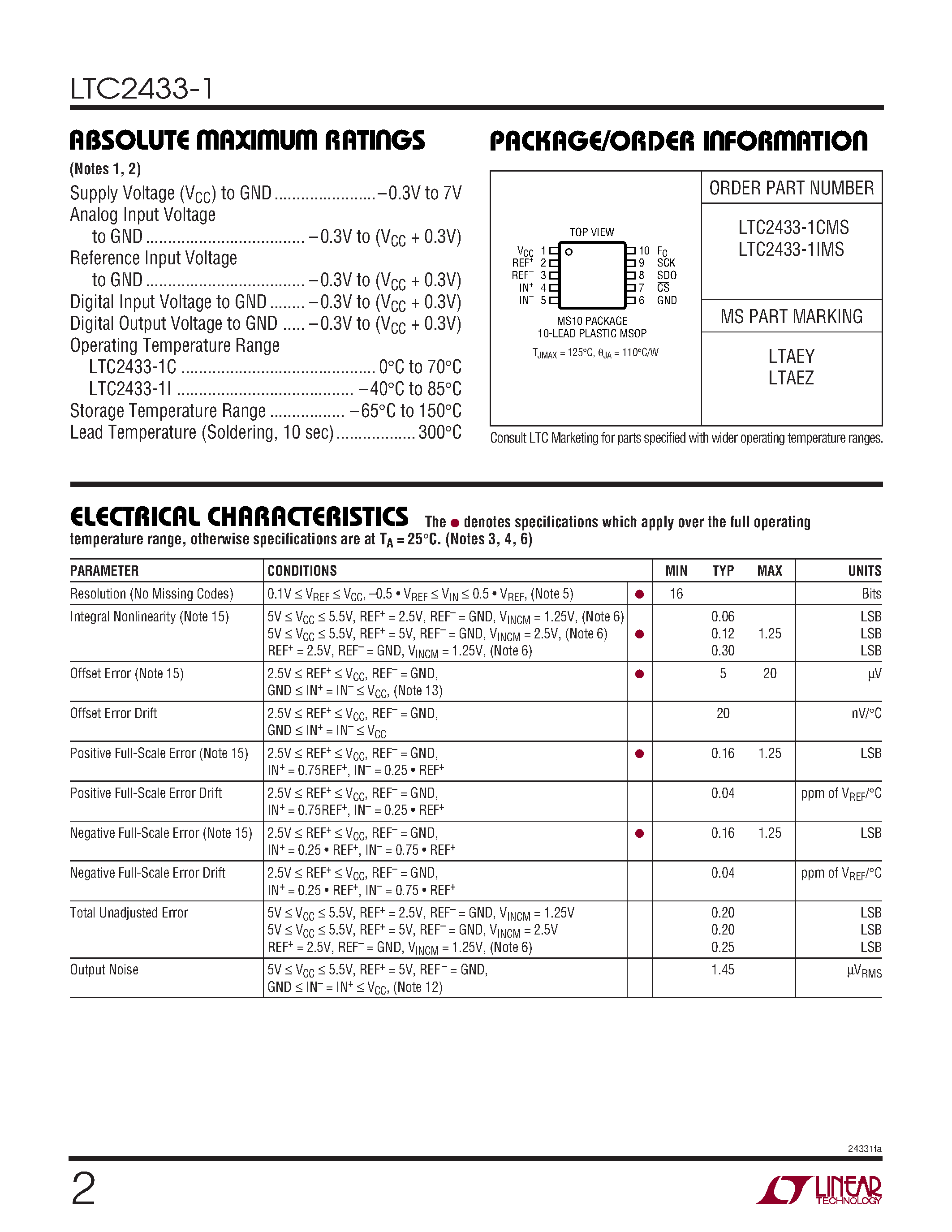 Datasheet LTC2433-1 - Differential Input 16-Bit No Latency DS ADC page 2