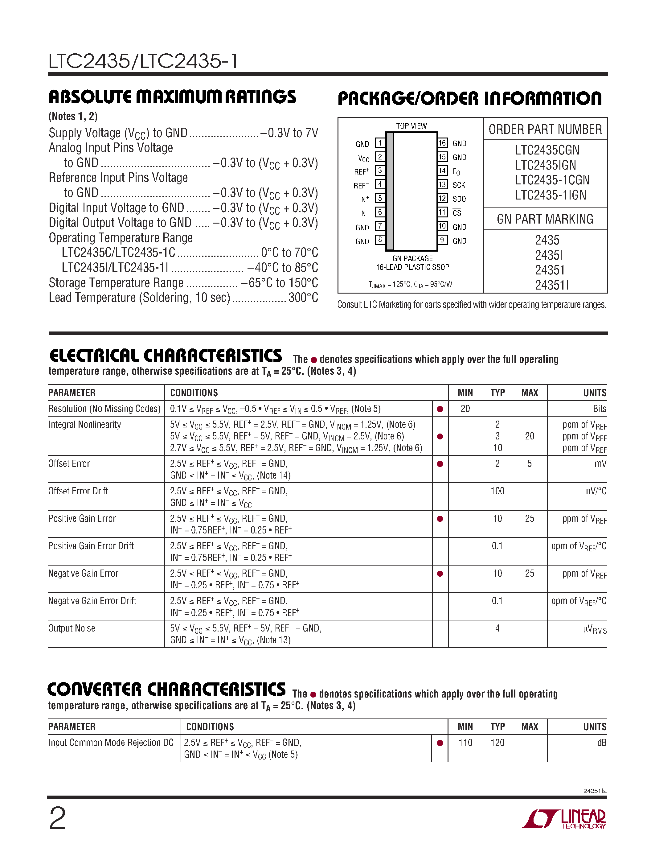 Даташит LTC2435 - 20-Bit No Latency ADCs страница 2