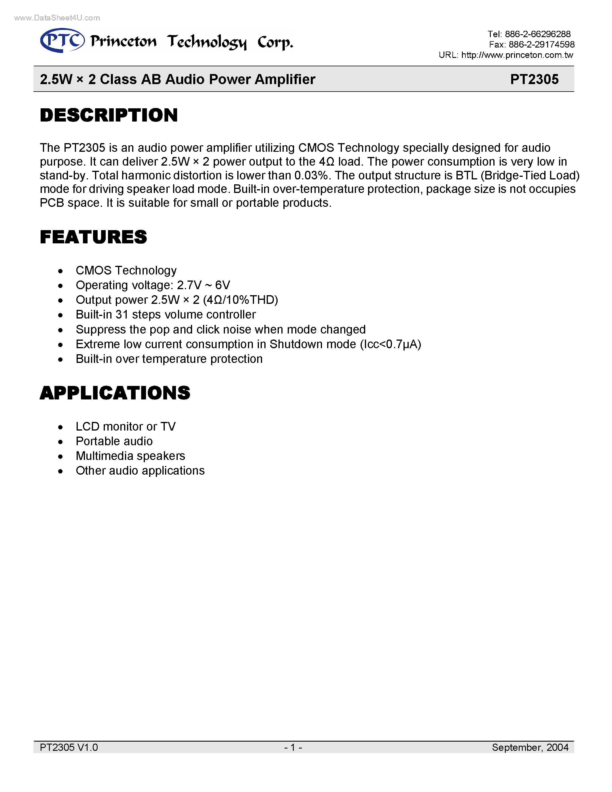 Datasheet PT2305 - 2.5W x 2 Class AB Audio Power Amplifier page 1
