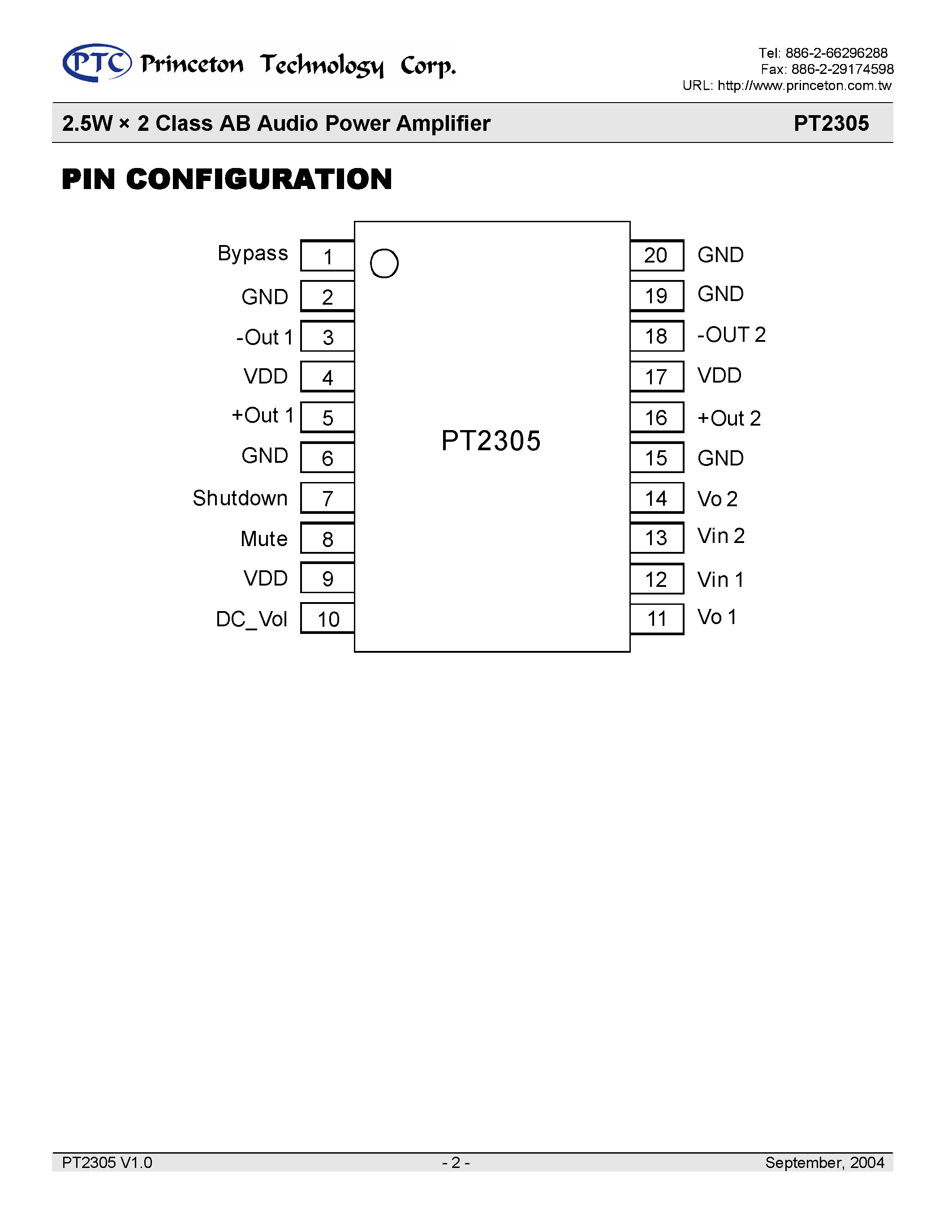 Datasheet PT2305 - 2.5W x 2 Class AB Audio Power Amplifier page 2