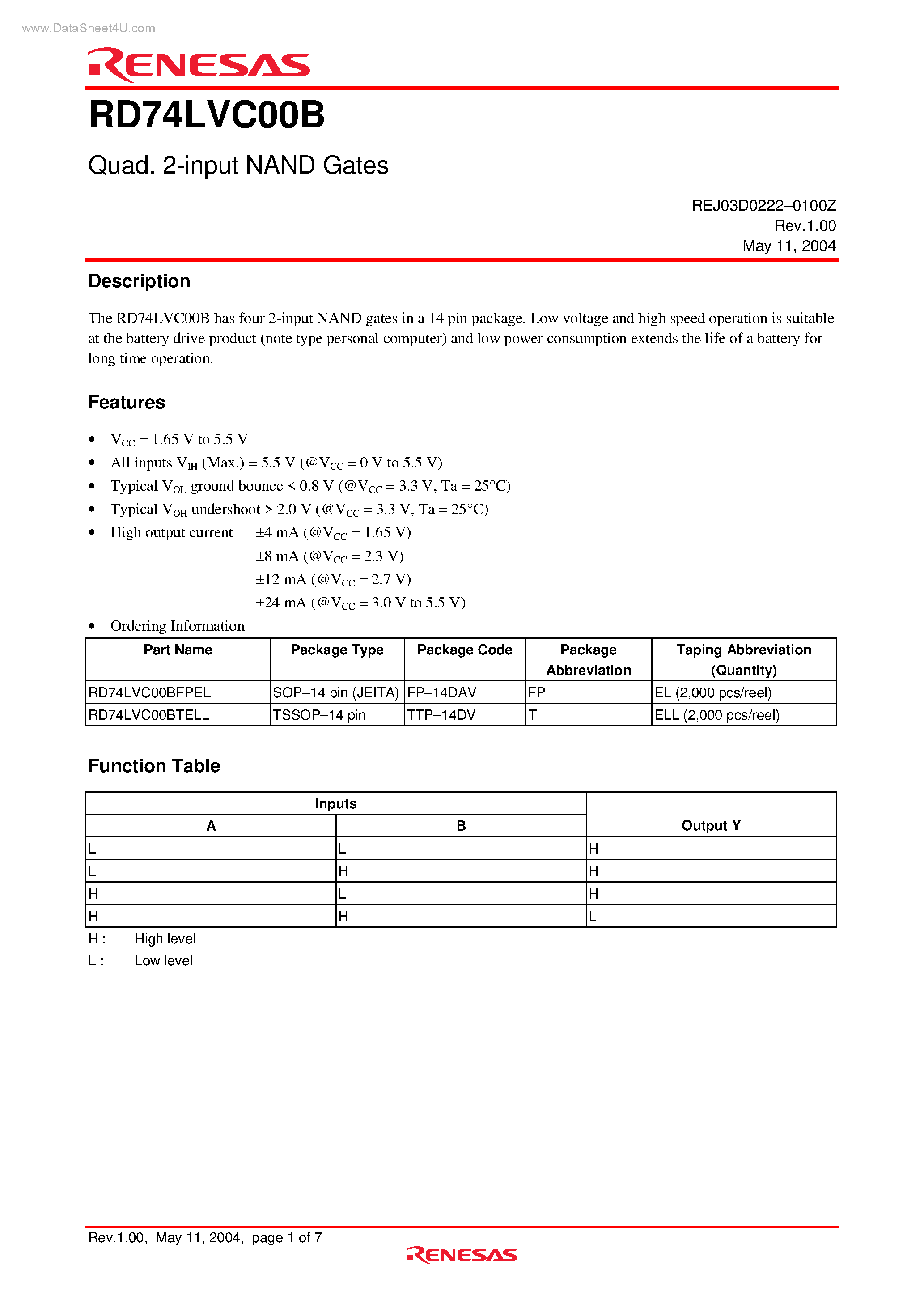 Datasheet RD74LVC00B - Quad 2-input NAND Gates page 1