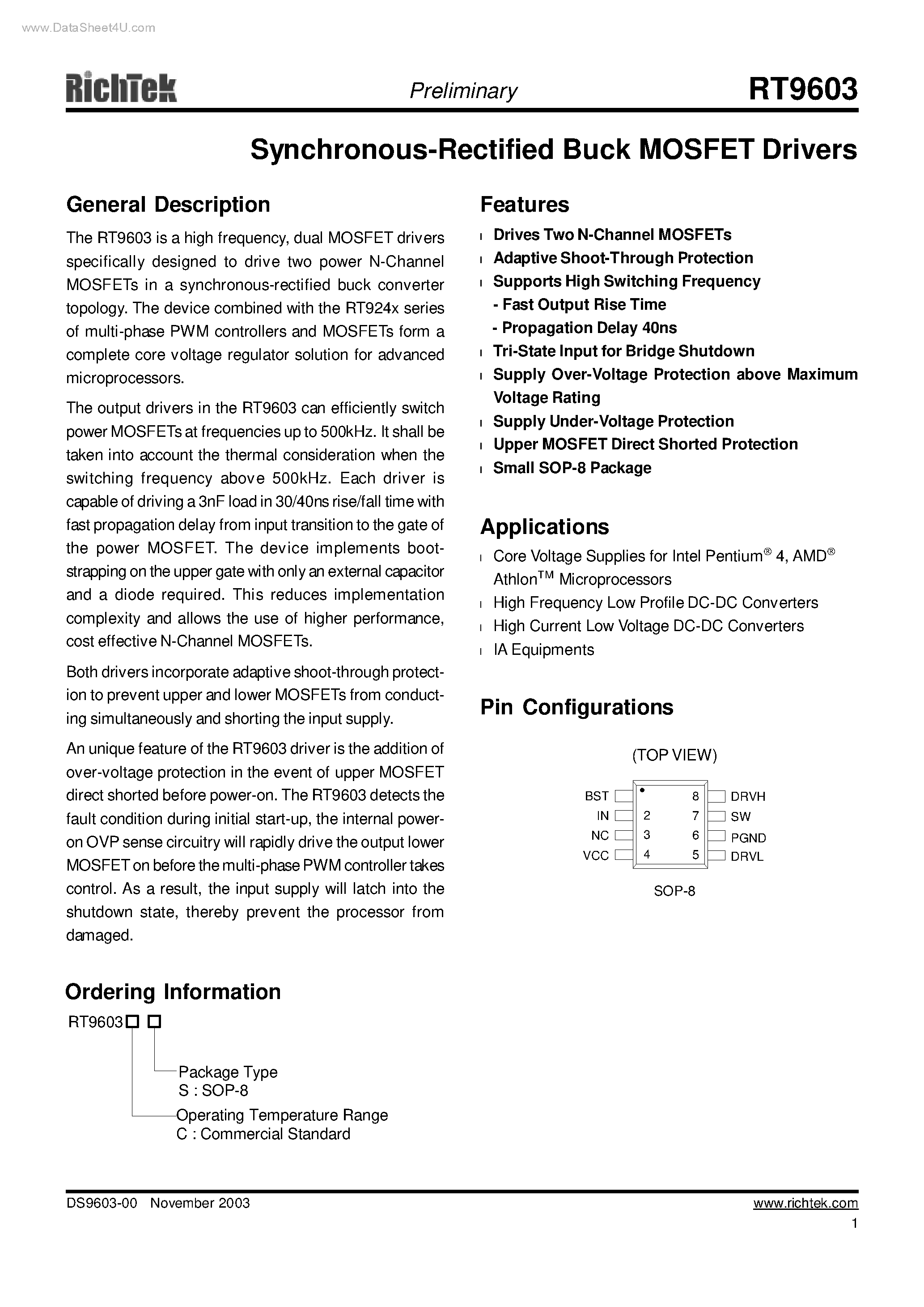 Datasheet RT9603 page 1 Datasheet RT9603 - Synchronous-Rectified Buck MOSFET Drivers page 1