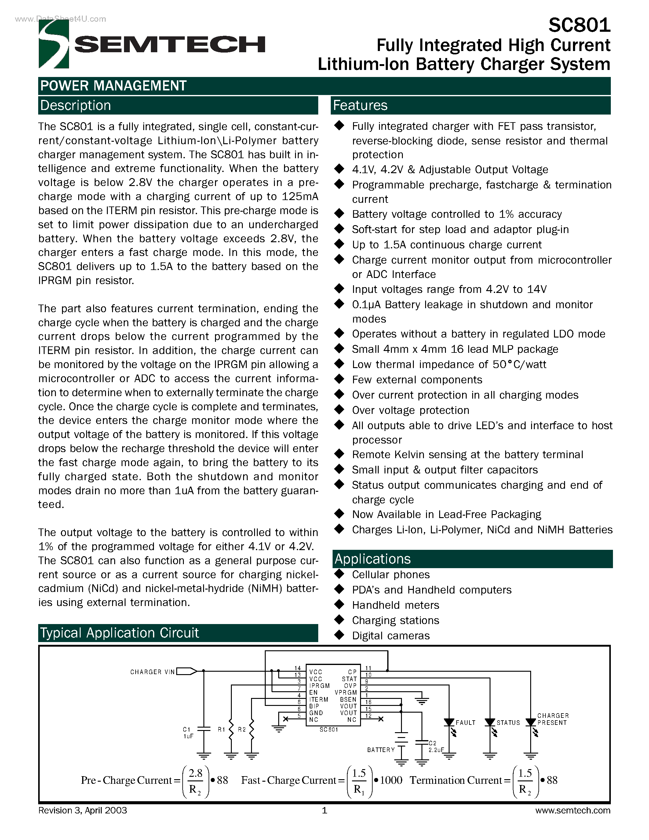 Datasheet SC801 - Fully Integrated High Currnet Lithium-Ion Battery Charger System page 1