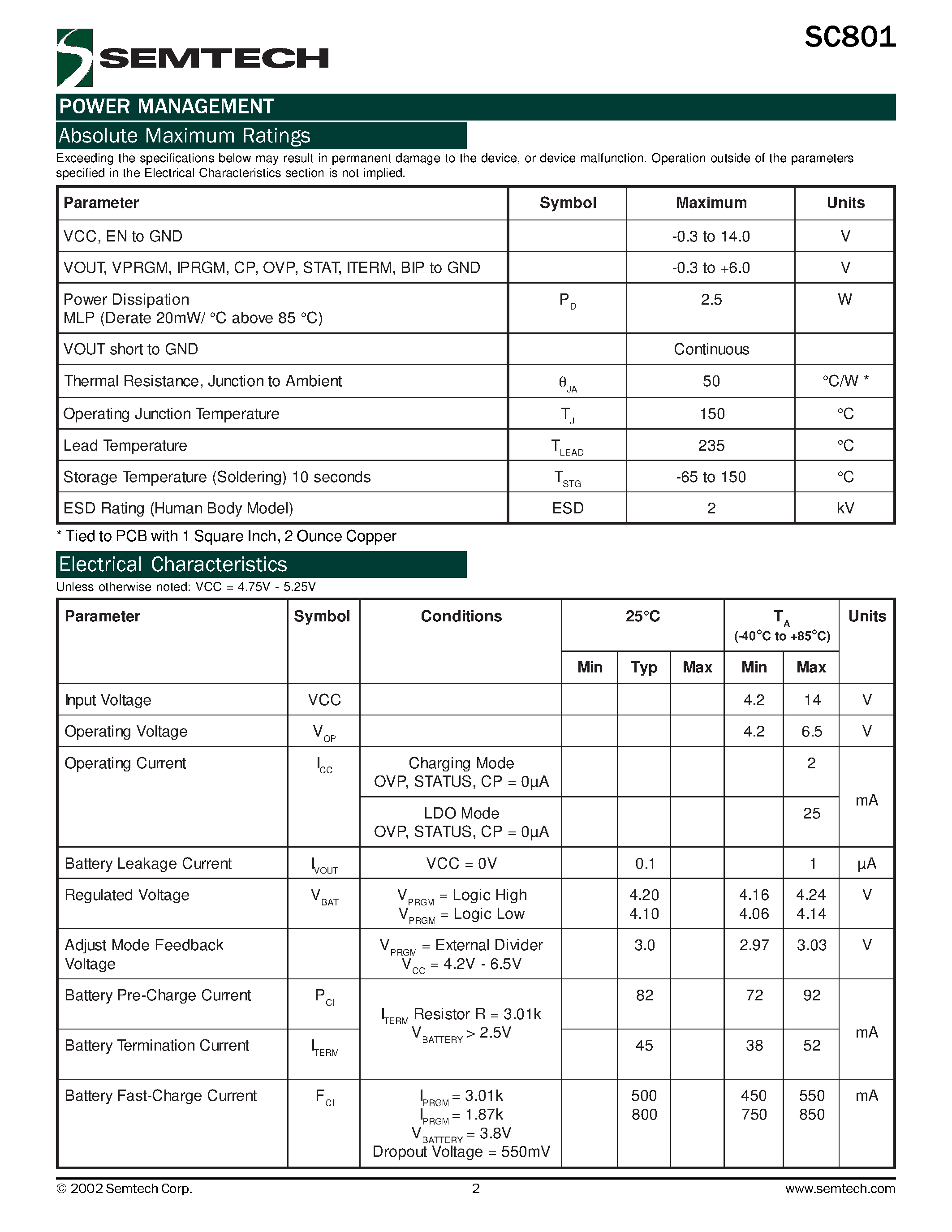 Datasheet SC801 - Fully Integrated High Currnet Lithium-Ion Battery Charger System page 2