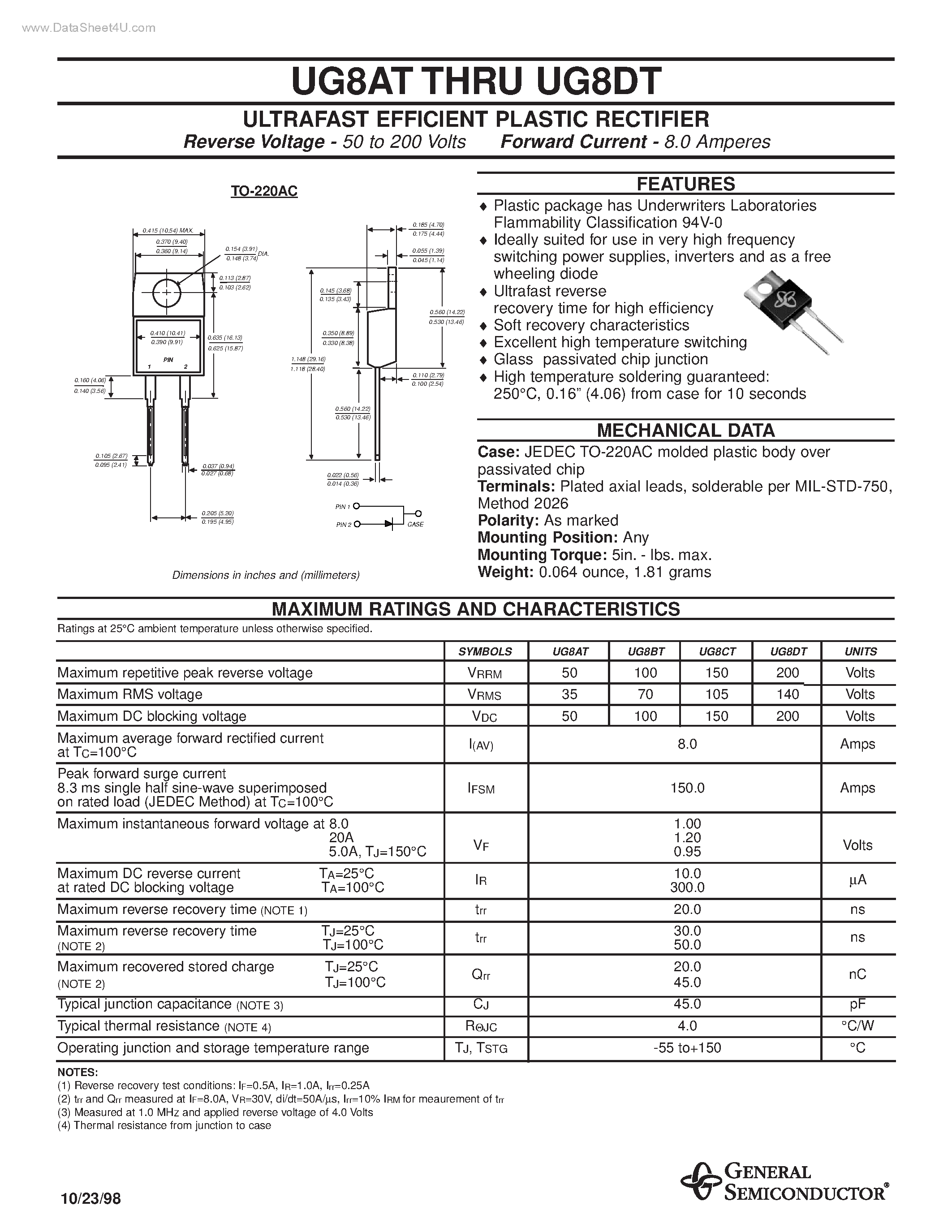 Datasheet UG8AT - (UG8xT) ULTRAFAST EFFICIENT PLASTIC RECTIFIER page 1