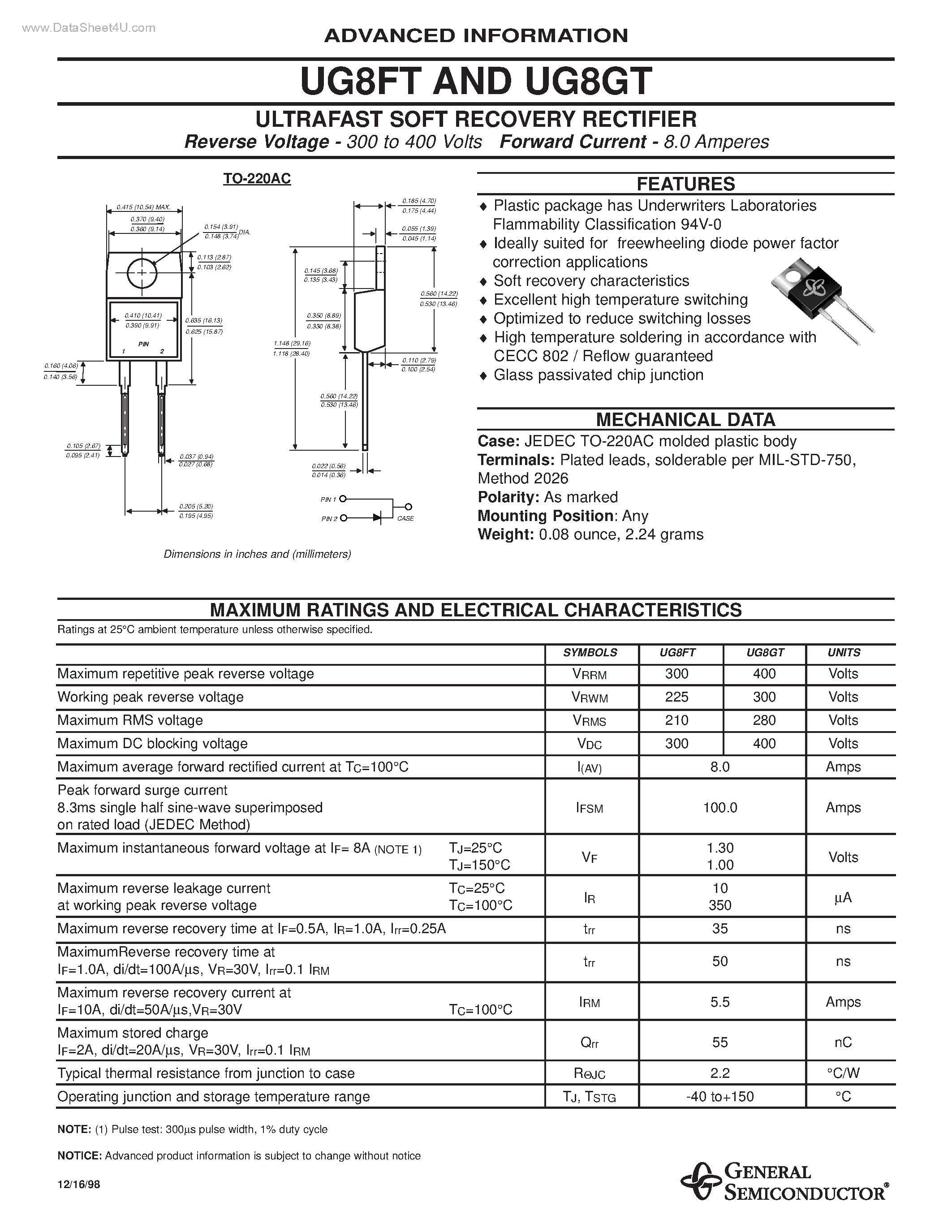 Datasheet UG8FT - (UG8xT) ULTRAFAST SOFT RECOVERY RECTIFIER page 1
