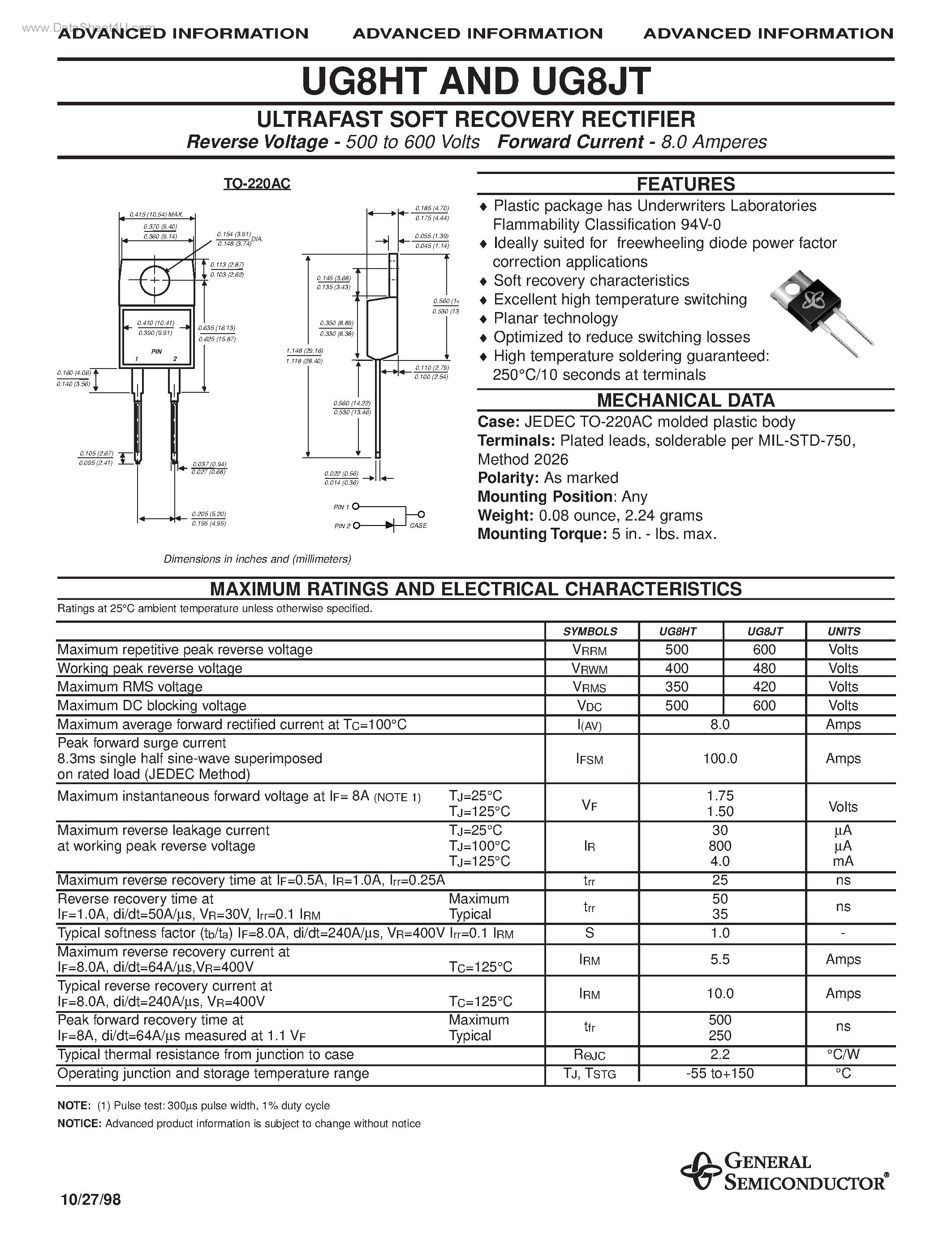 Datasheet UG8HT page 1 Datasheet UG8HT - (UG8xT) ULTRAFAST SOFT RECOVERY RECTIFIER page 1