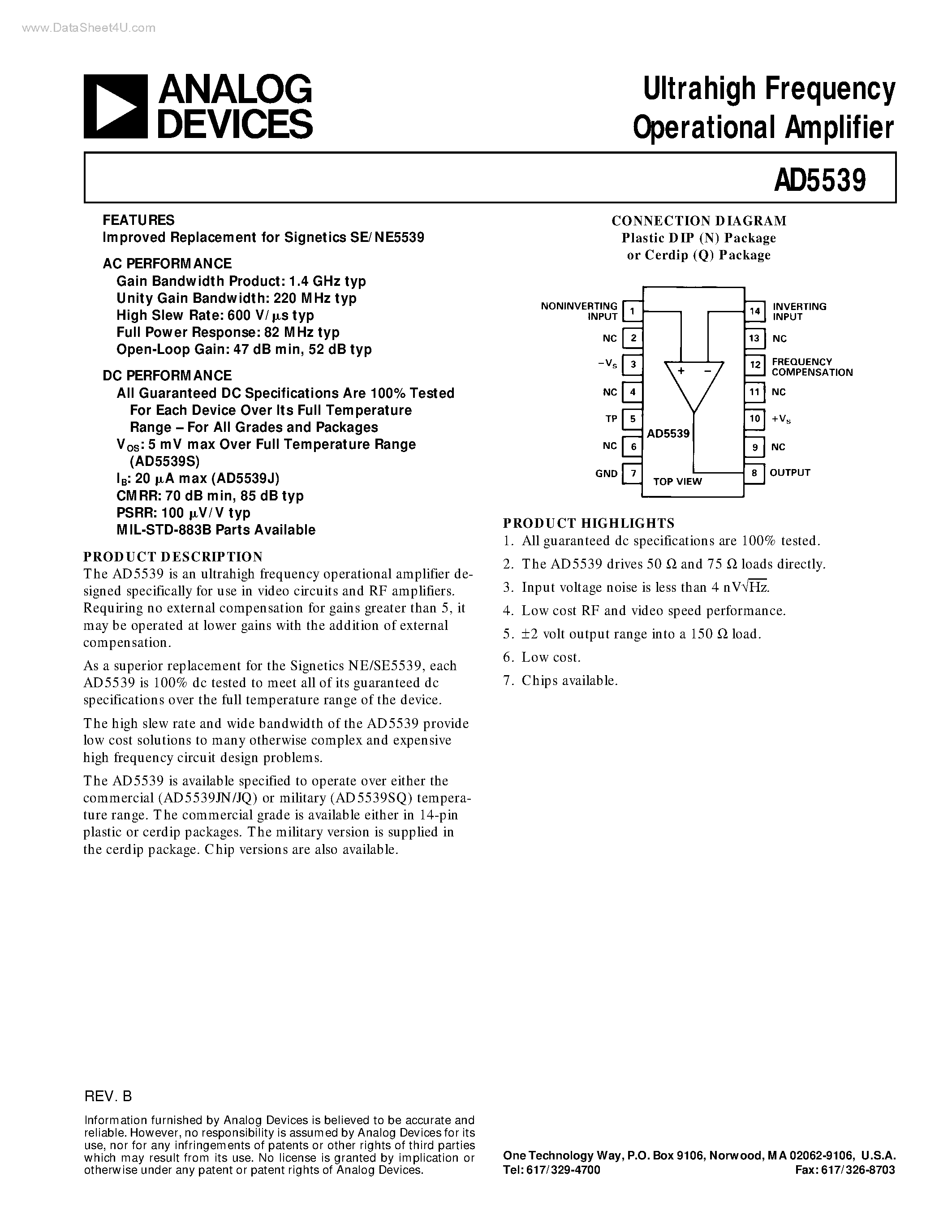 Даташит AD5539 - Ultrahigh Frequency Operational Amplifier страница 1