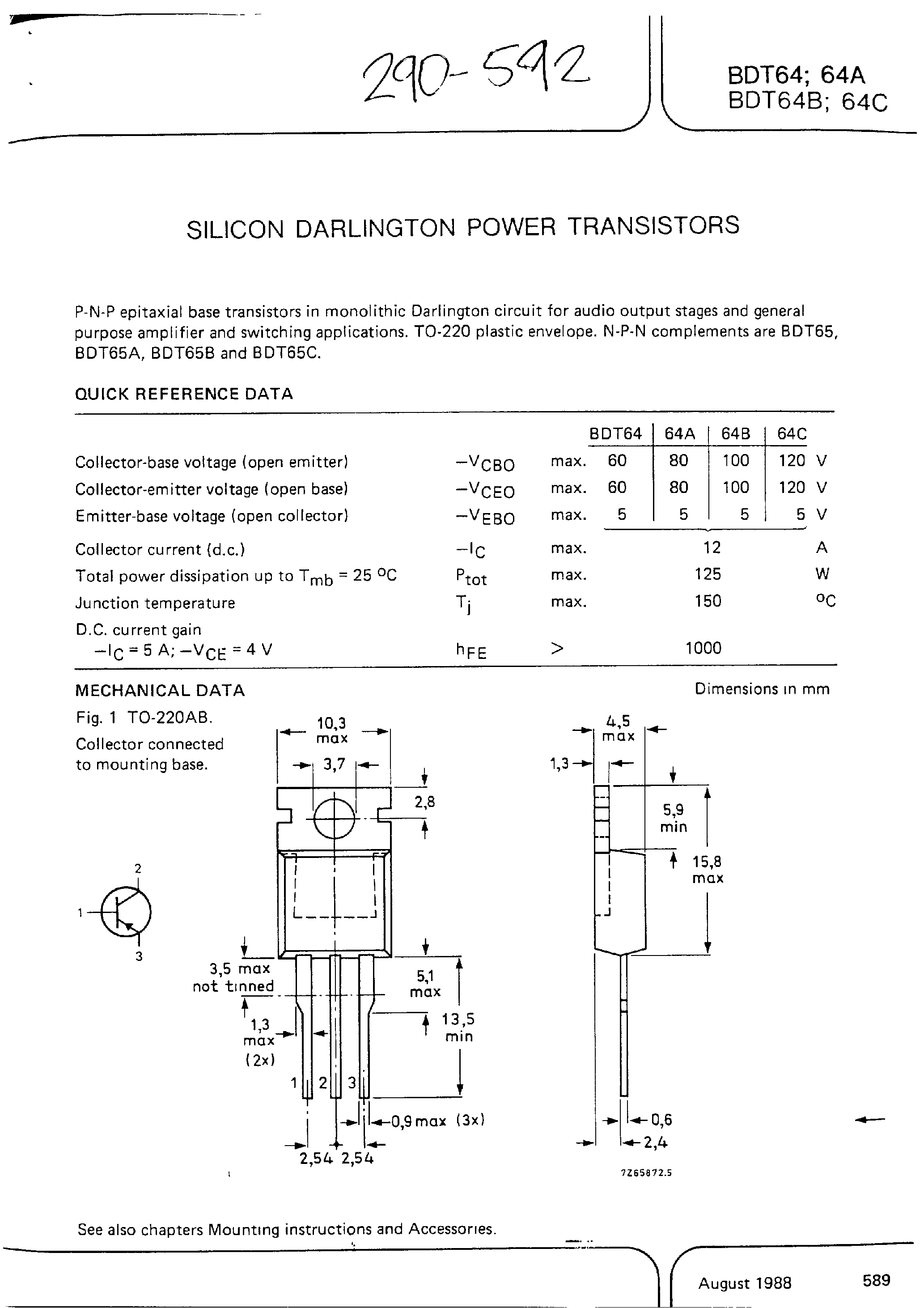 Даташит BDT64 - SILICON DARLINGTON POWER TRANSISTORS страница 1