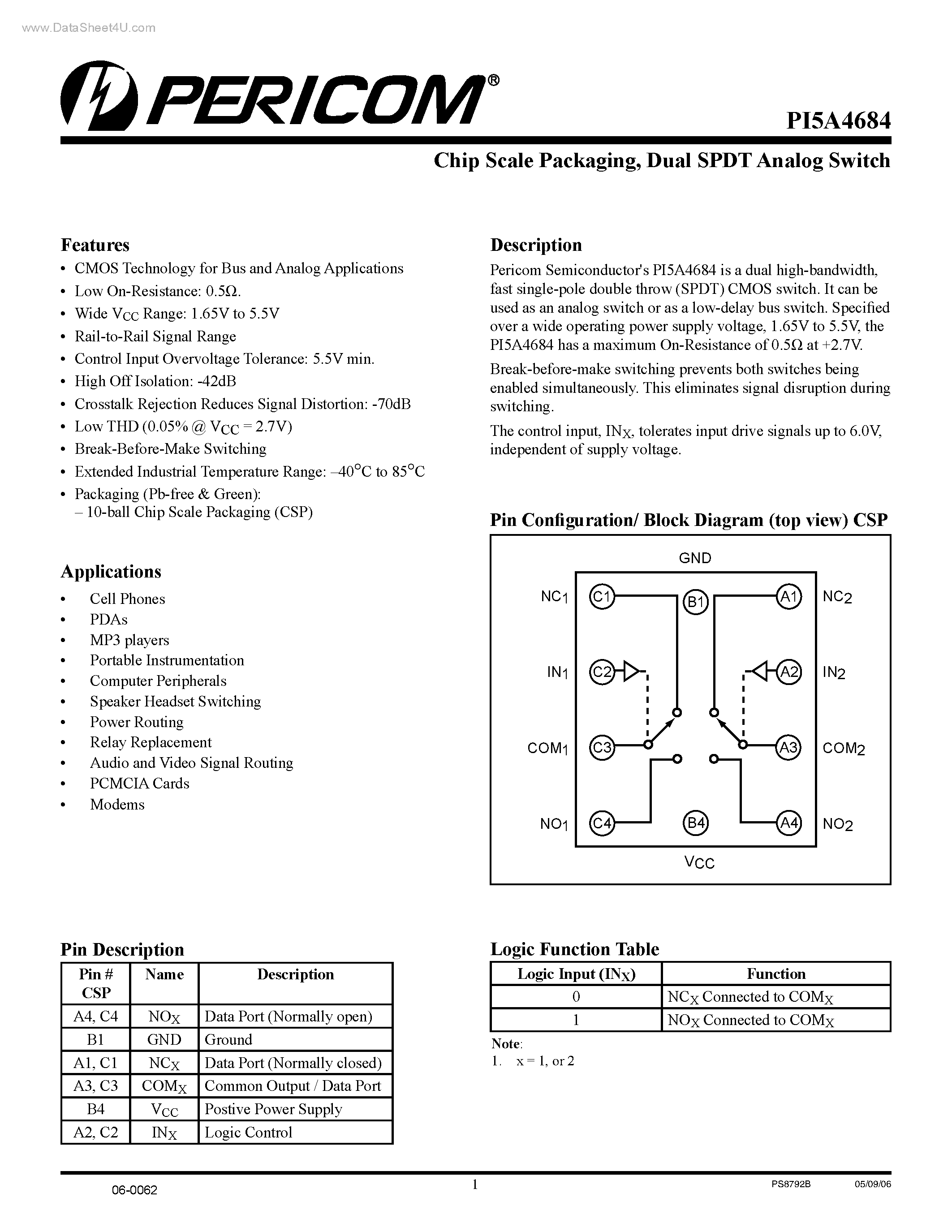 Datasheet PI5A4684 page 1 Datasheet PI5A4684 - Dual SPDT Analog Switch page 1