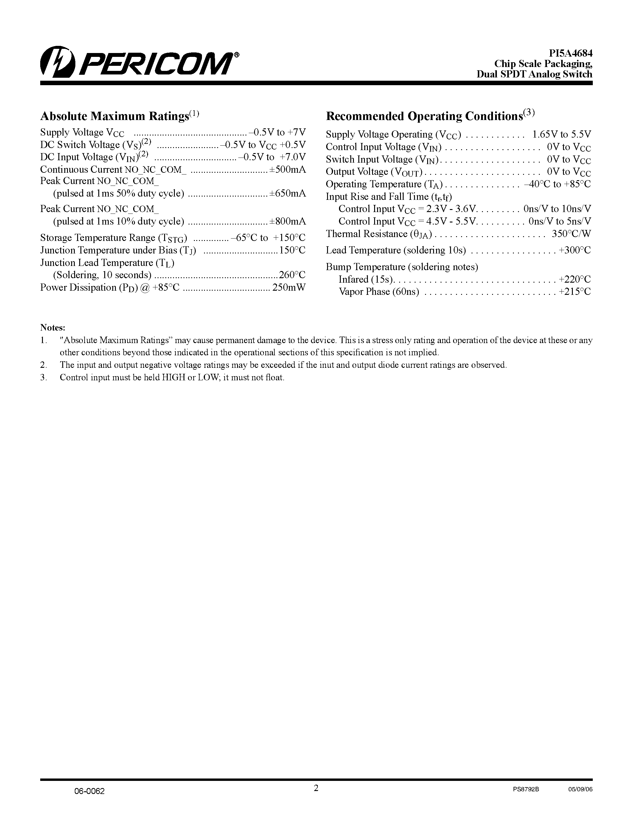 Datasheet PI5A4684 page 2 Datasheet PI5A4684 - Dual SPDT Analog Switch page 2