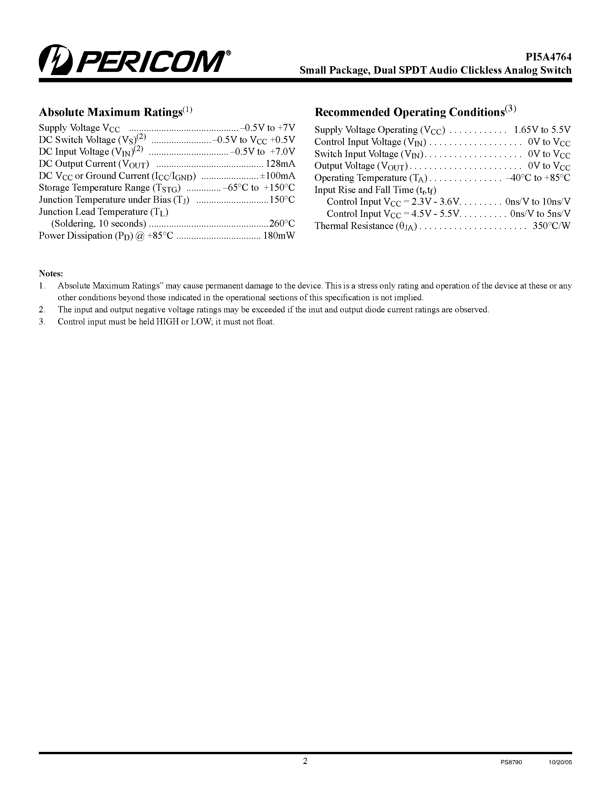 Datasheet PI5A4764 page 2 Datasheet PI5A4764 - Dual SPDT Audio Clickless Analog Switch page 2