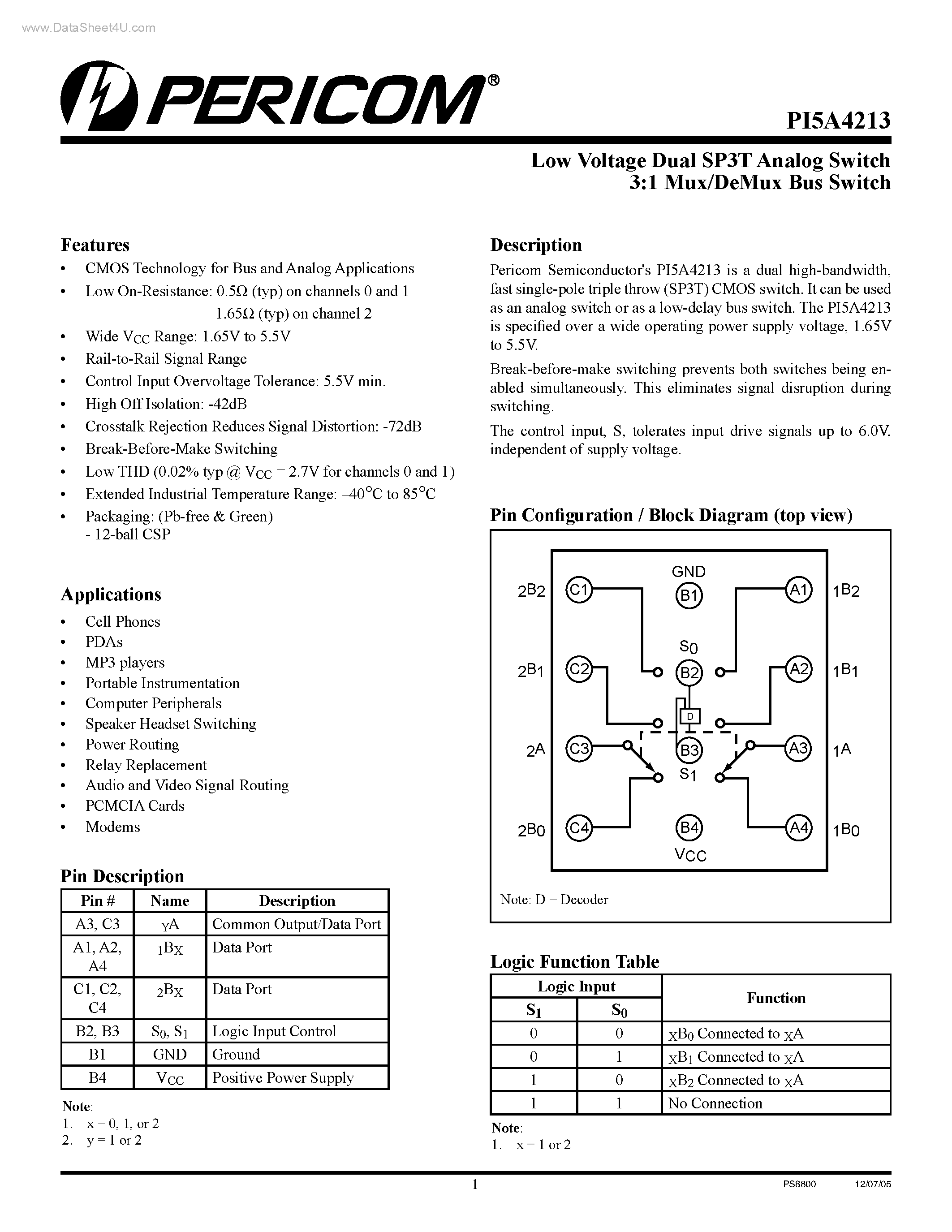 Datasheet PI5A4213 - Low Voltage Dual SP3T Analog Switch3:1 Mux/DeMux Bus Switch page 1