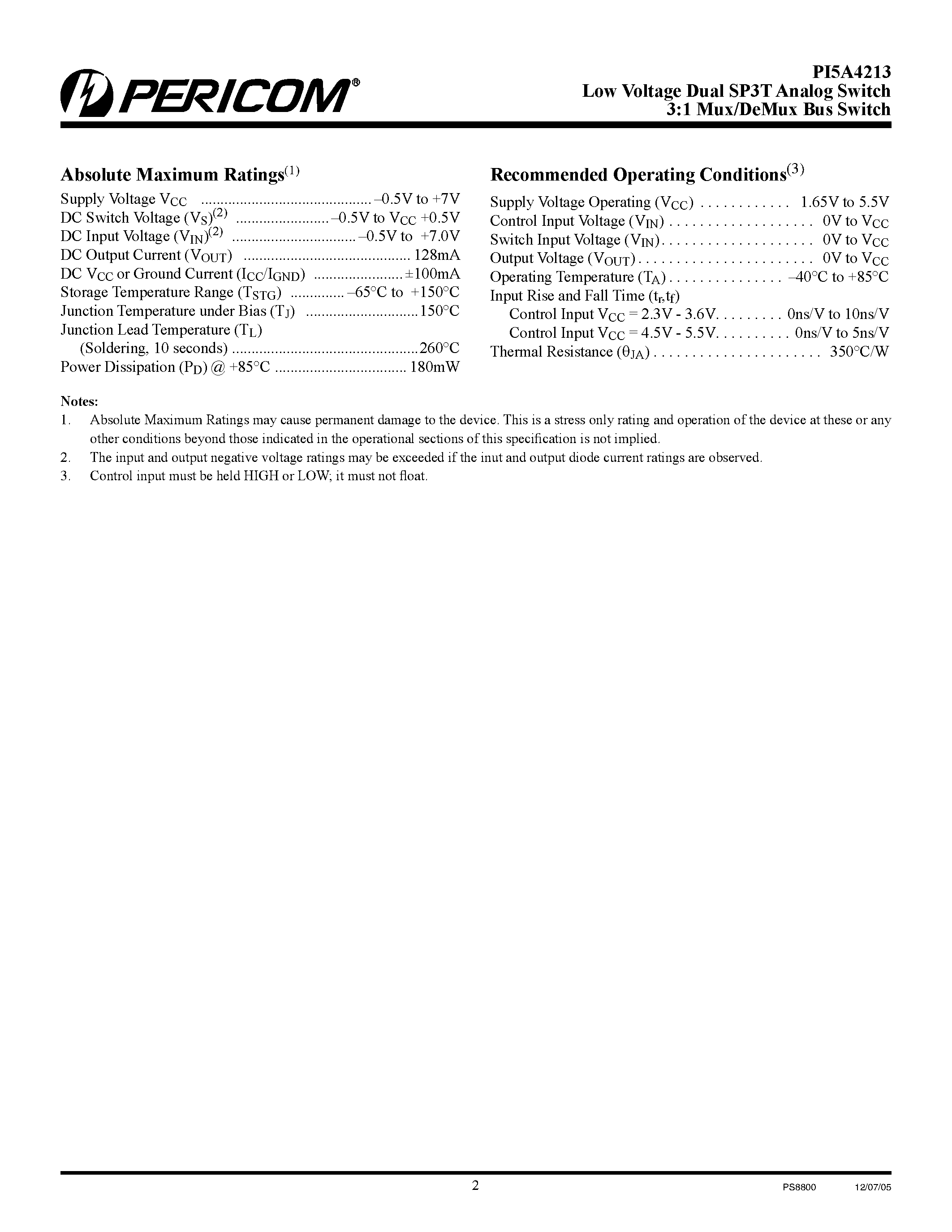 Datasheet PI5A4213 - Low Voltage Dual SP3T Analog Switch3:1 Mux/DeMux Bus Switch page 2