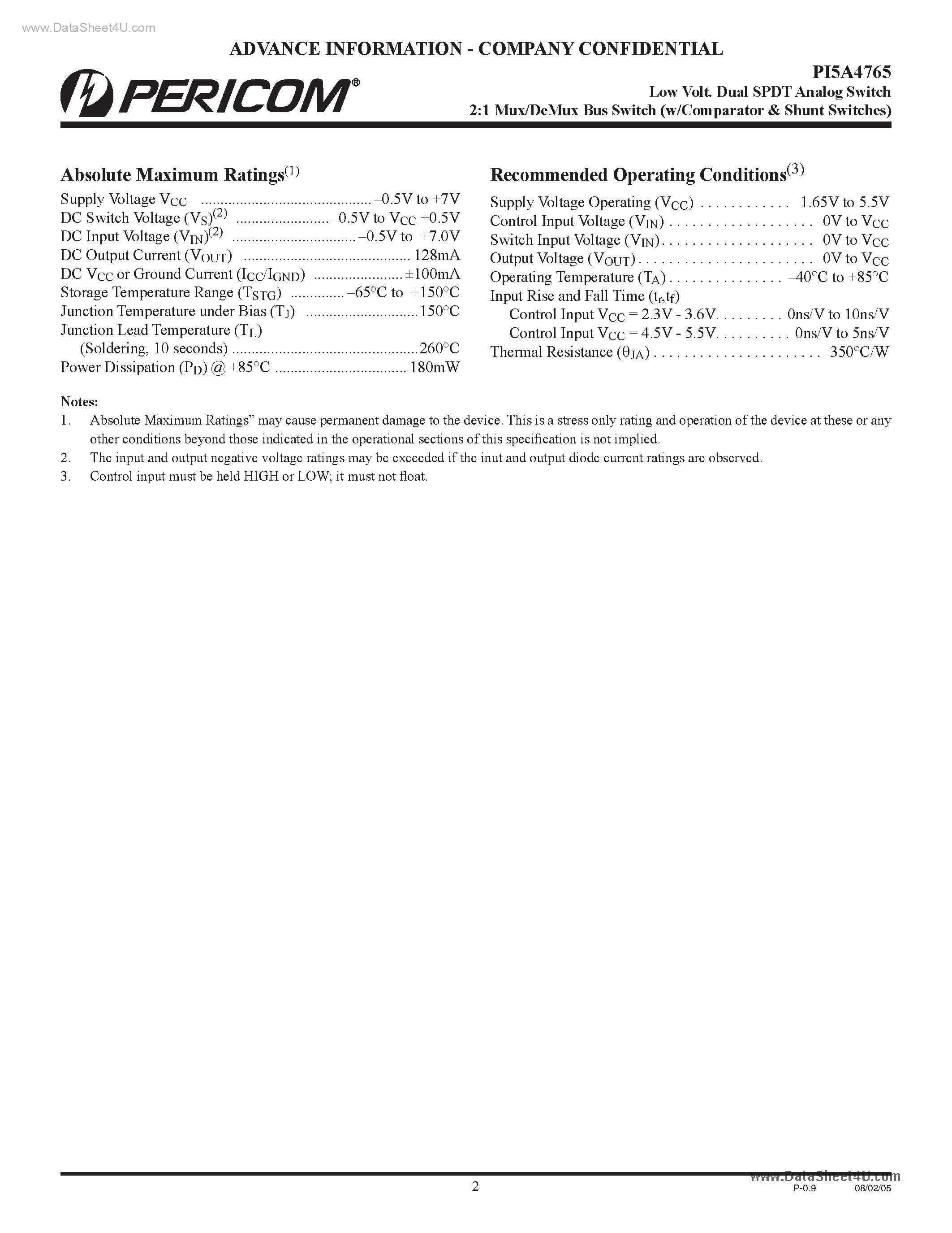 Datasheet PI5A4765 - CSP Low Voltage Dual SPDT Audio Clickless Analog Switch page 2