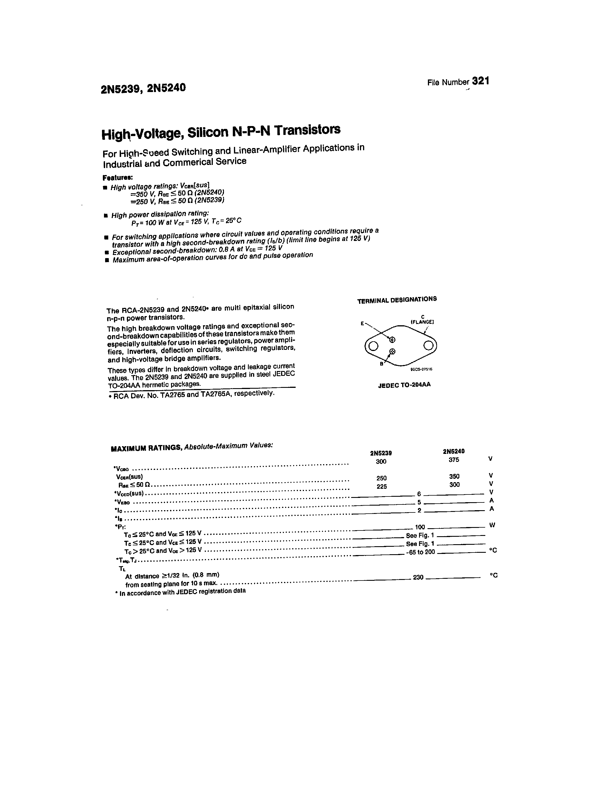 Datasheet 2N5239 page 1 Datasheet 2N5239 - (2N5239 / 2N5240) SILLCON N-P-N TRANSISTOR page 1