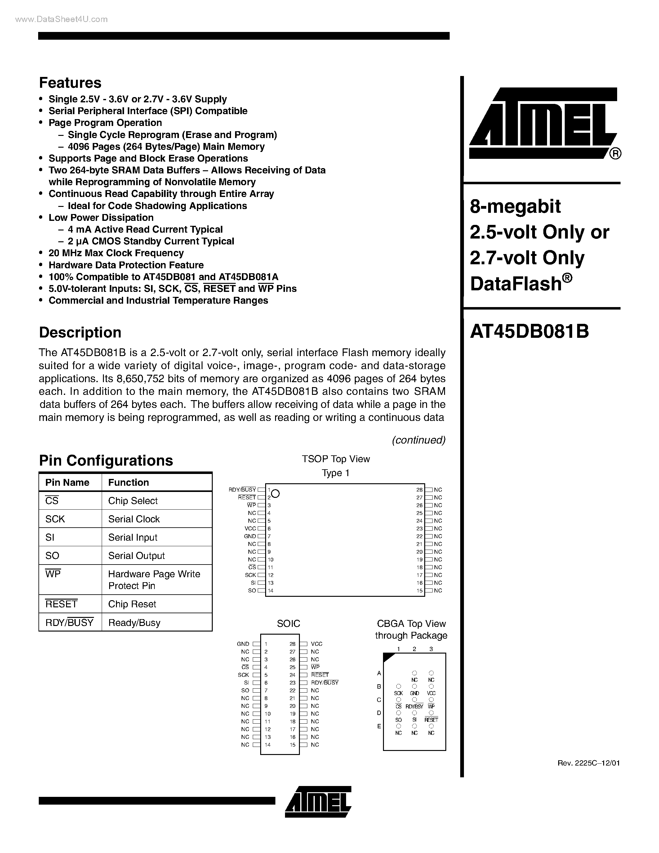 Datasheet AT45DB081B - 8-megabit 2.5-volt Only or 2.7-volt Only DataFlash page 1
