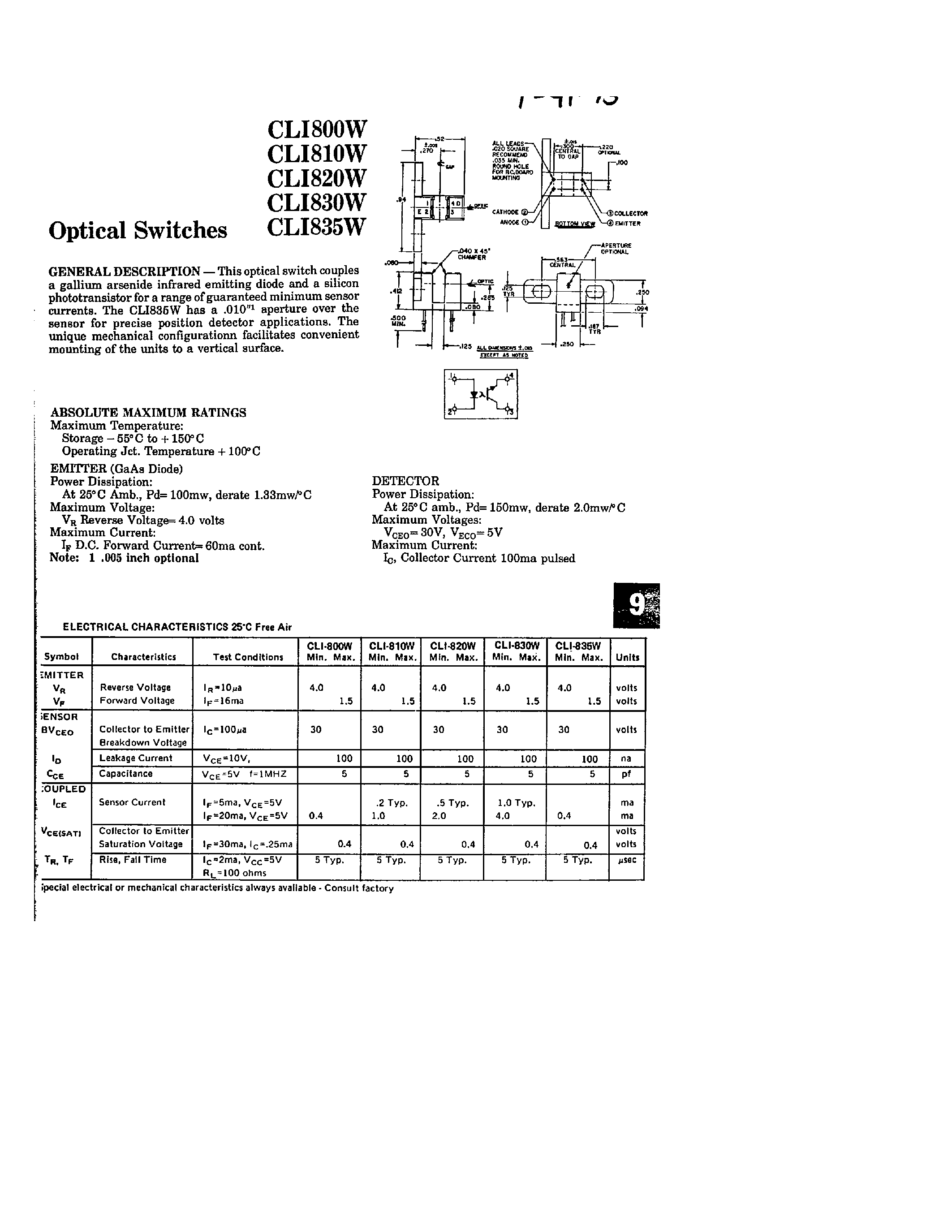 Datasheet CLI800W - (CLI800W - CLI835W) This optical switch couples a gallium arsenide infrared emitting diode page 1