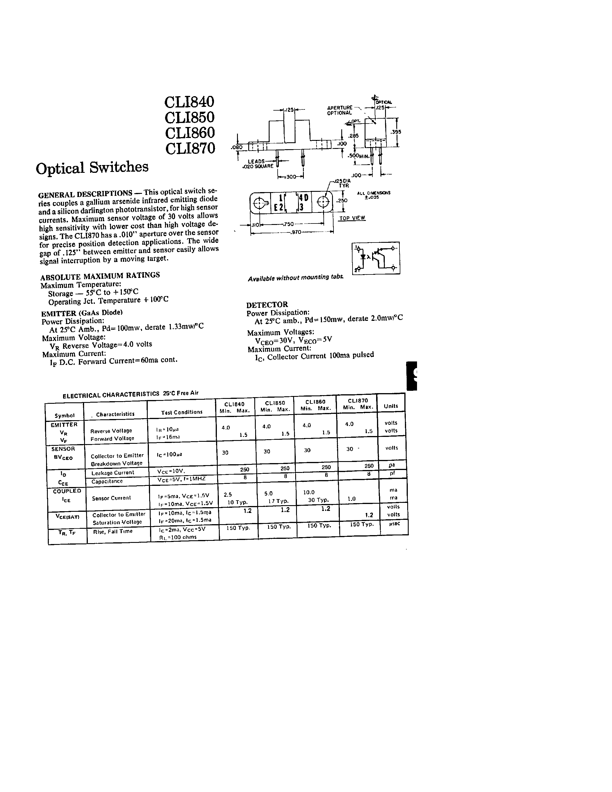 Даташит на микросхему CLI840 страница 1 Даташит CLI840 - (CLI840 - CLI870) OPTICAL SWITCHES страница 1