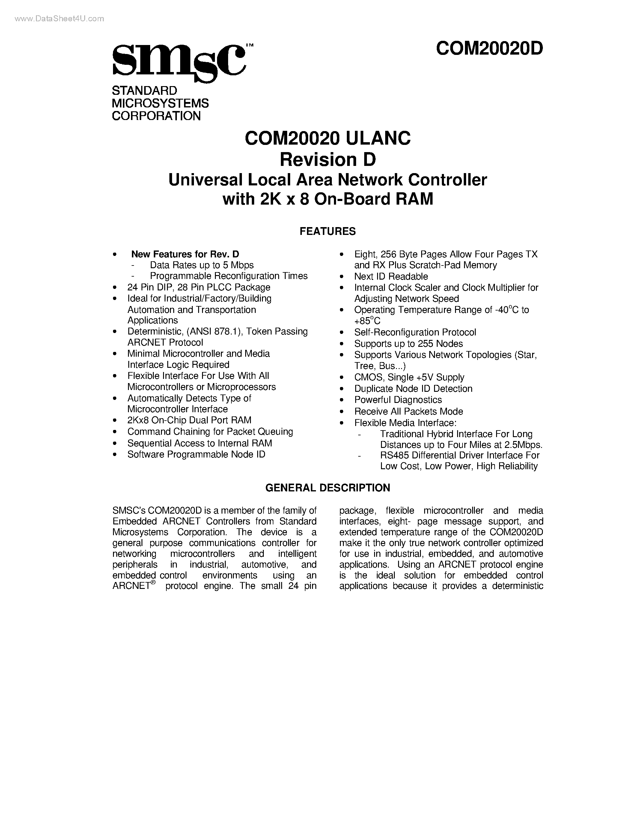 Даташит COM20020D - ULANC Revision D Universal Local Area Network Controller страница 1