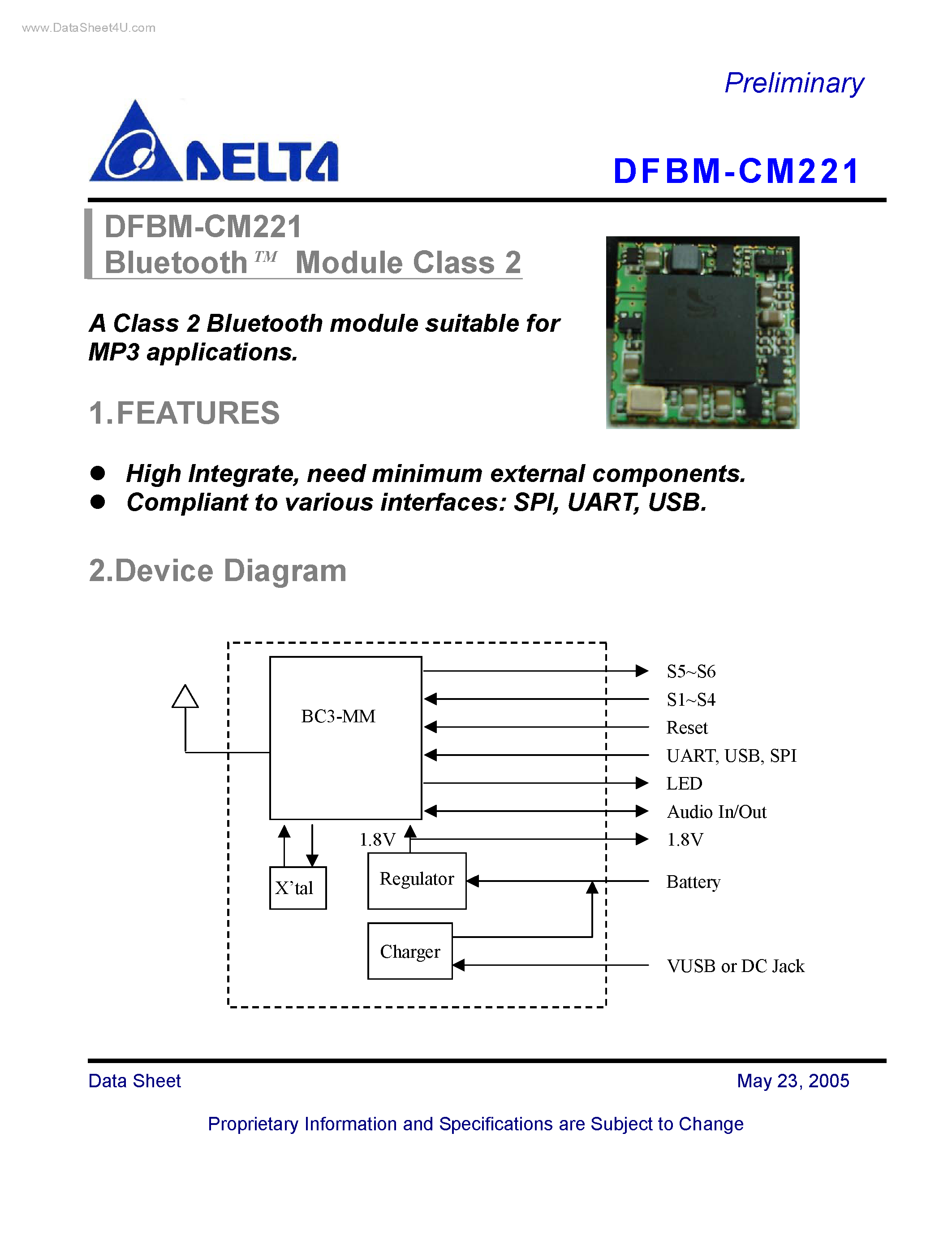 Datasheet DFBM-CM221 - A Class 2 Bluetooth module suitable page 1