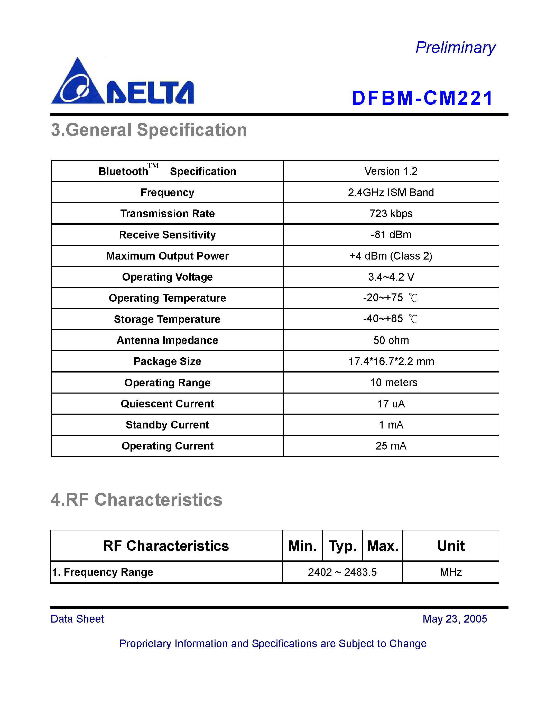Datasheet DFBM-CM221 - A Class 2 Bluetooth module suitable page 2