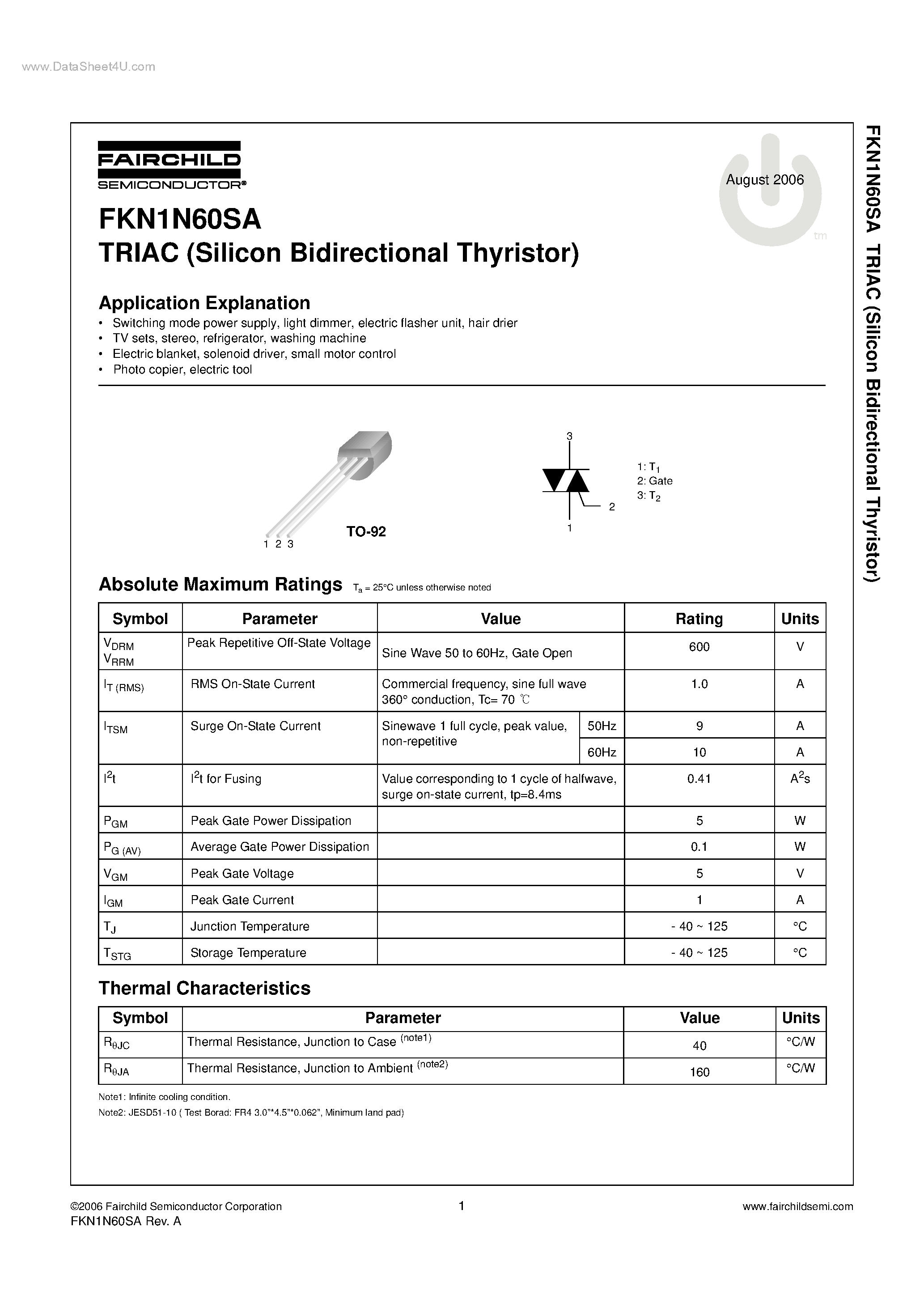 Datasheet FKN1N60SA page 1 Datasheet FKN1N60SA - TRIAC page 1