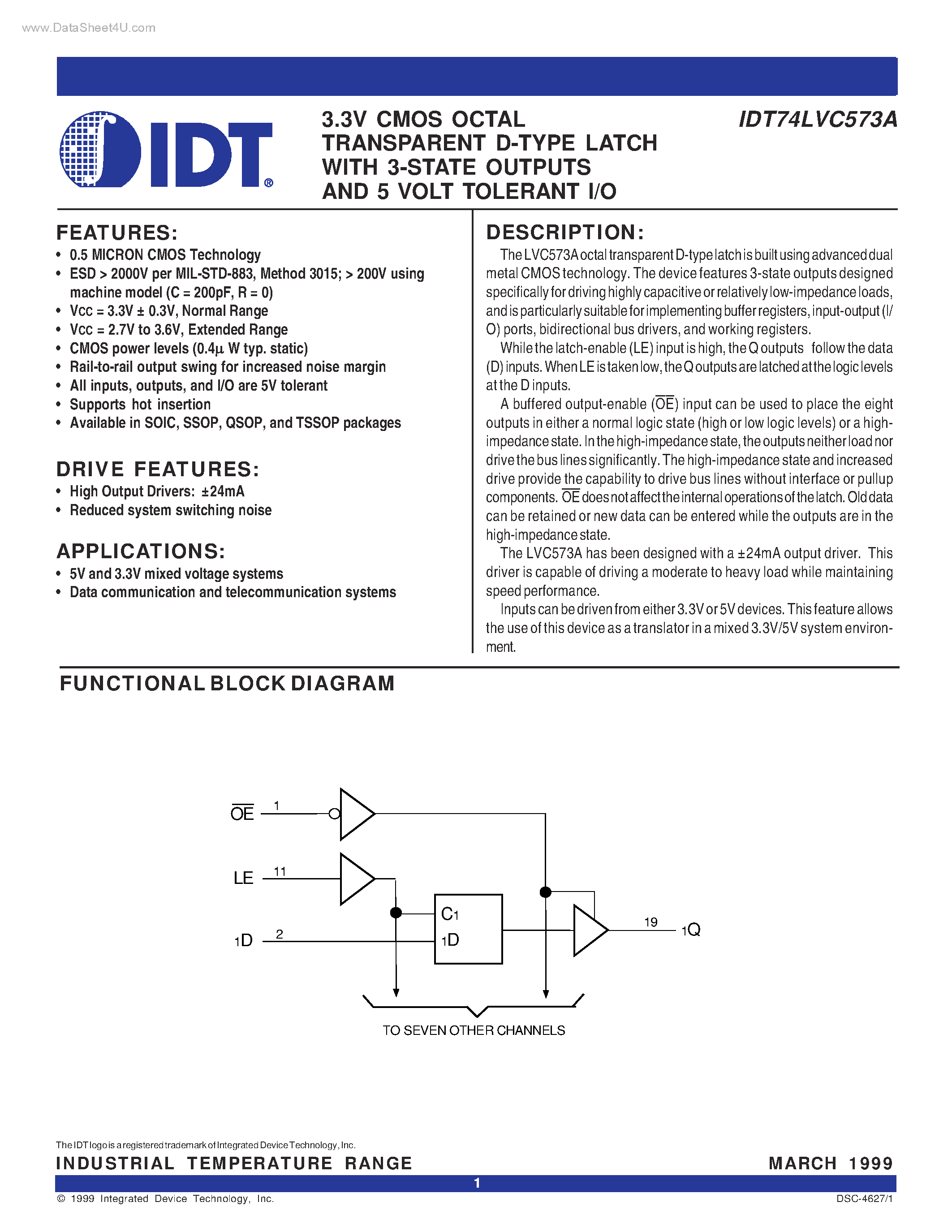 Datasheet IDT74LVC573A - CMOS OCTAL TRANSPARENT D-TYPE LATCH page 1