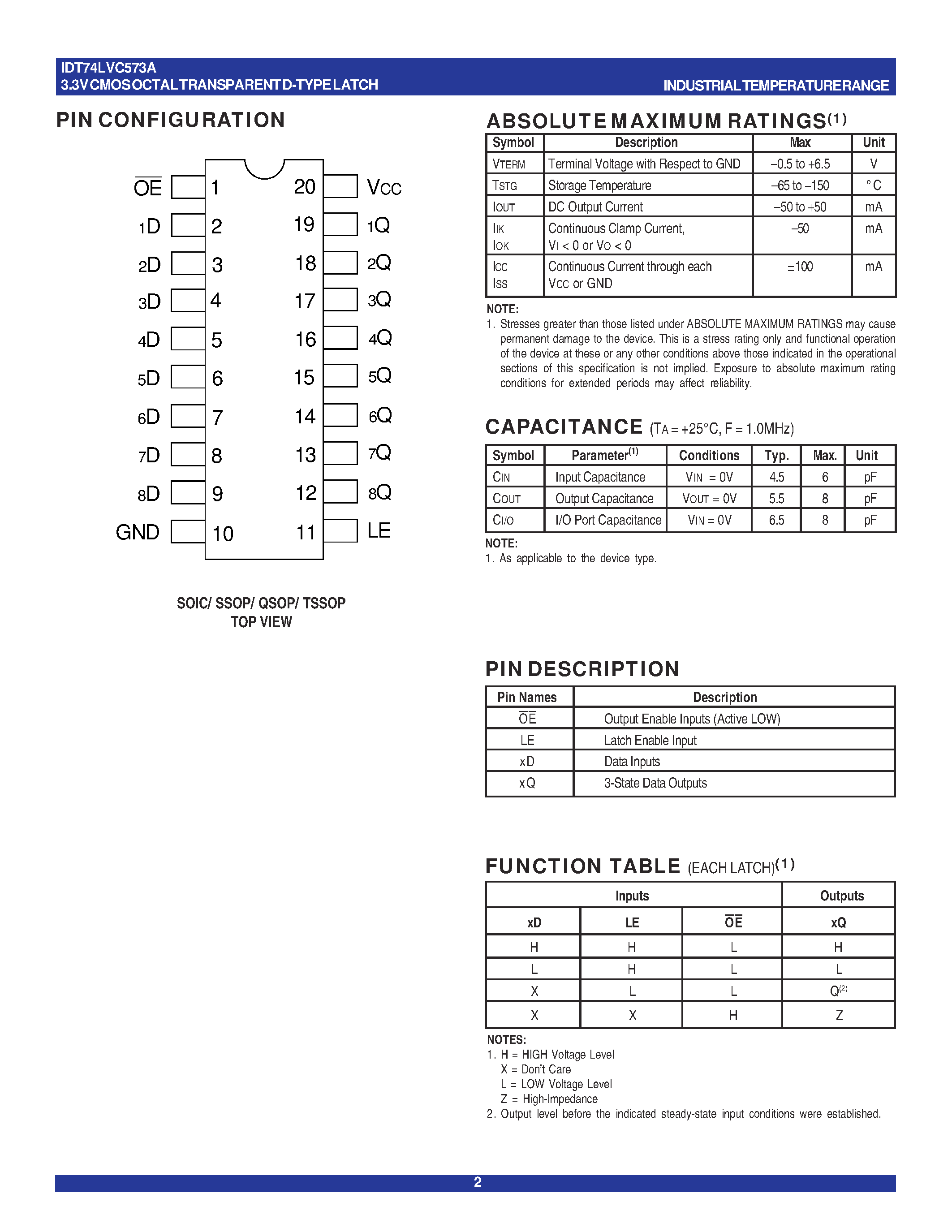 Datasheet IDT74LVC573A - CMOS OCTAL TRANSPARENT D-TYPE LATCH page 2