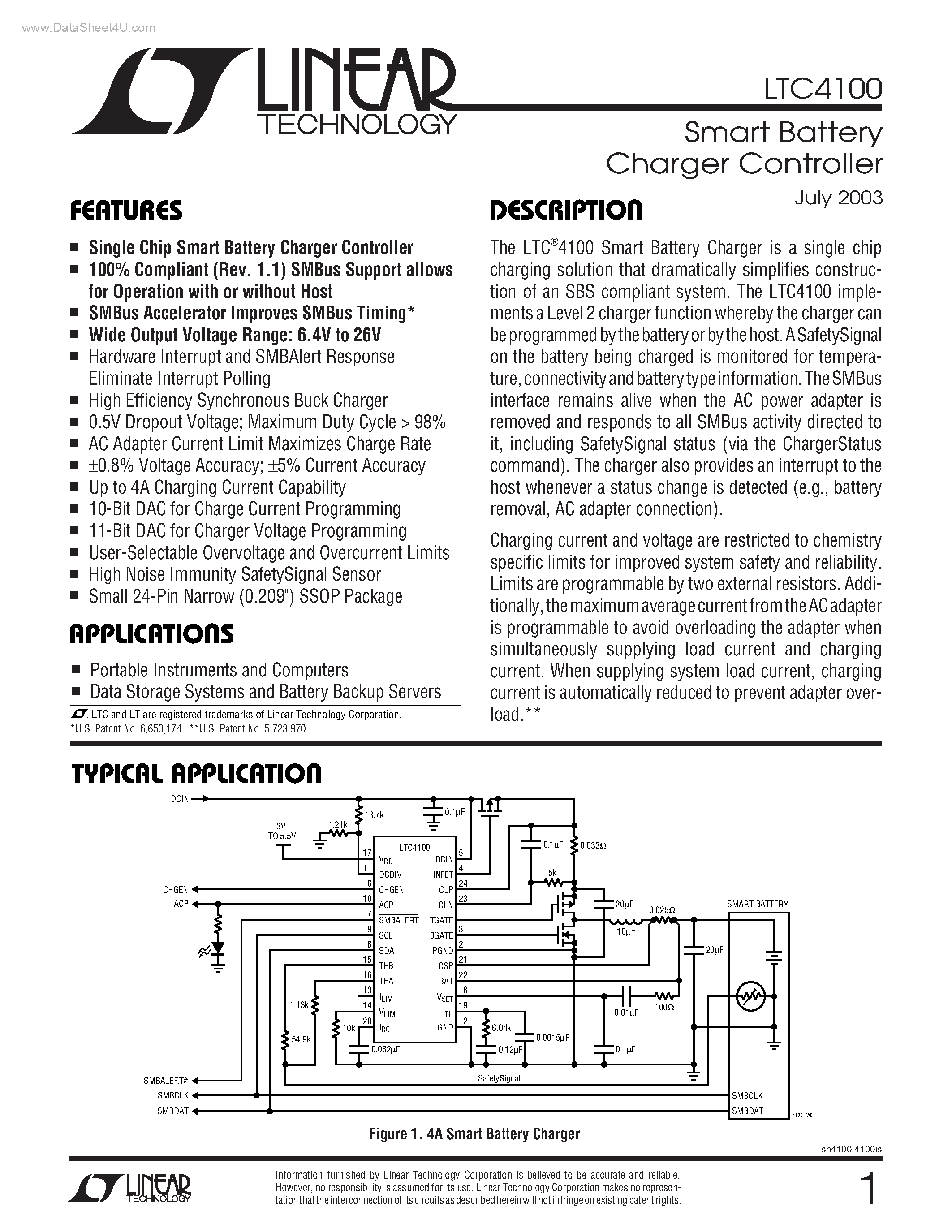Datasheet LTC4100 - Smart Battery Charger Controller page 1