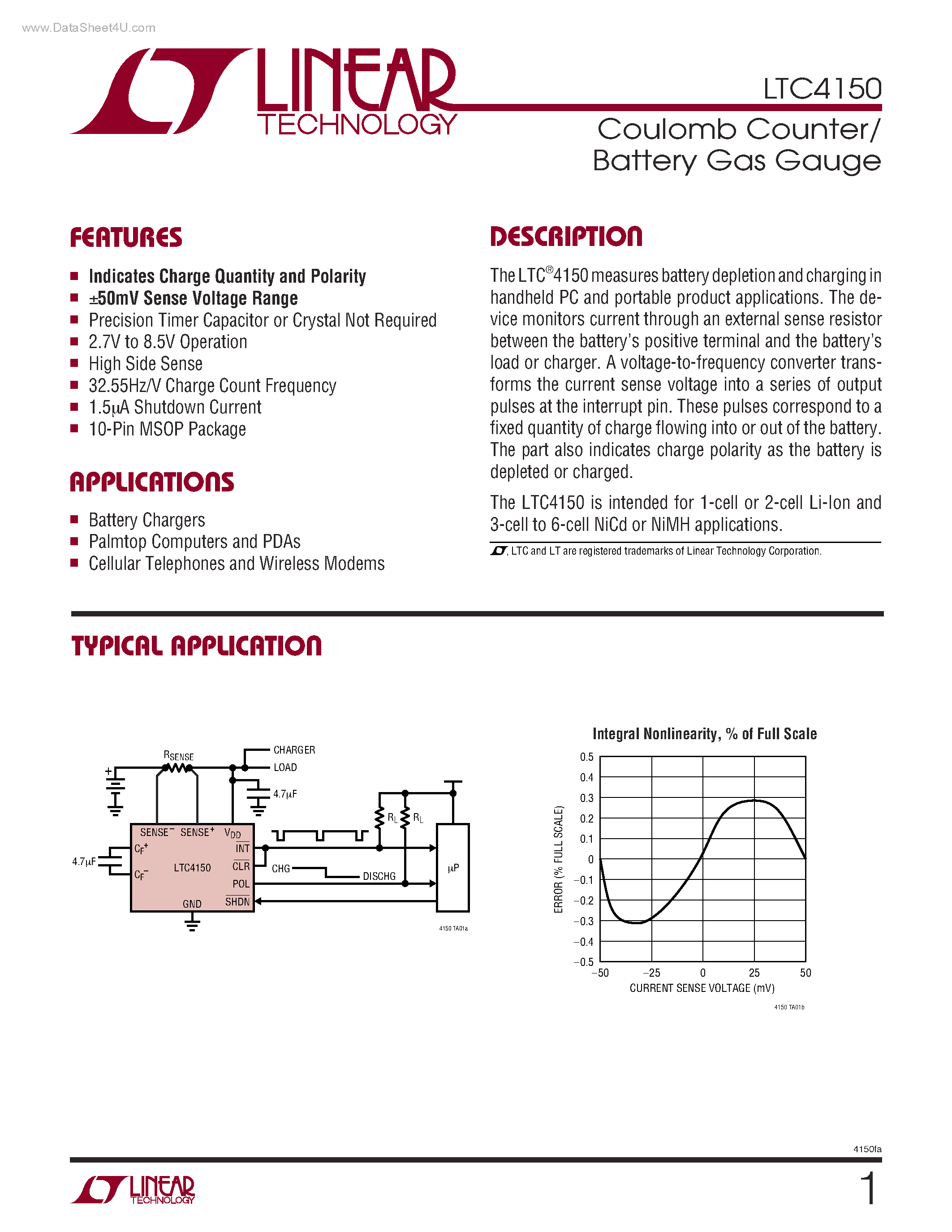 Datasheet LTC4150 - Coulomb Counter/ Battery Gas Gauge page 1