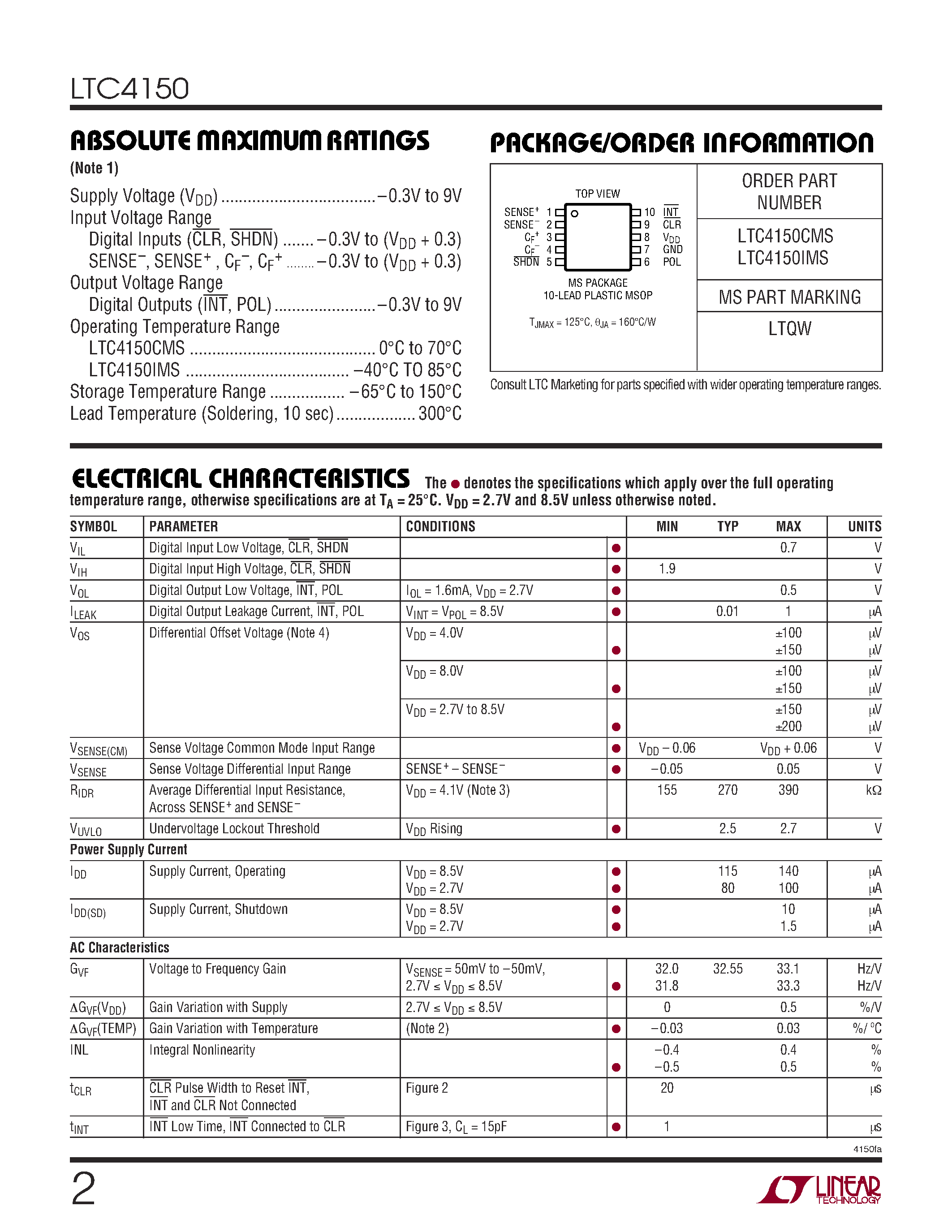 Datasheet LTC4150 - Coulomb Counter/ Battery Gas Gauge page 2
