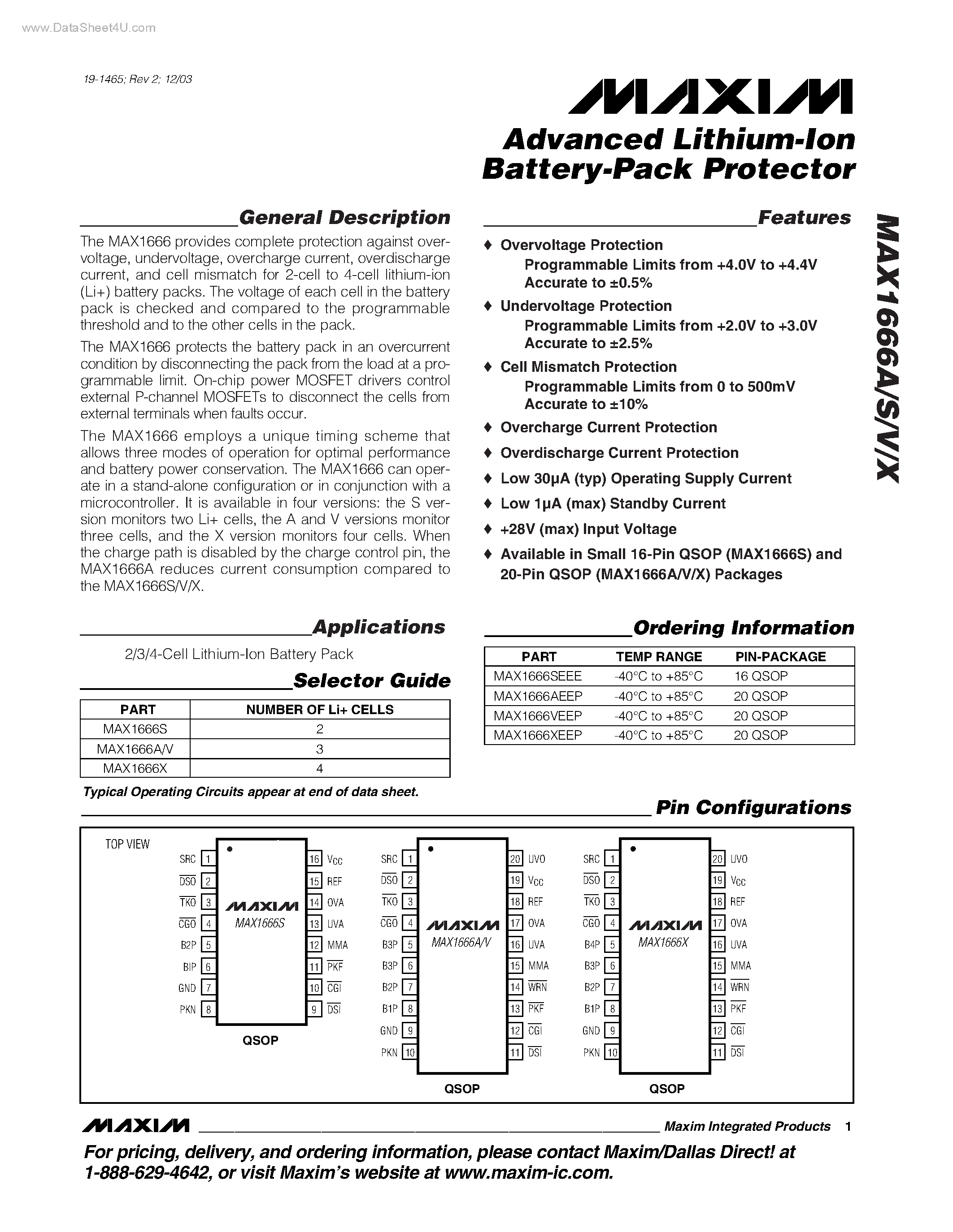 Datasheet MAX1666A page 1 Datasheet MAX1666A - Advanced Lithium-Ion Battery-Pack Protector page 1