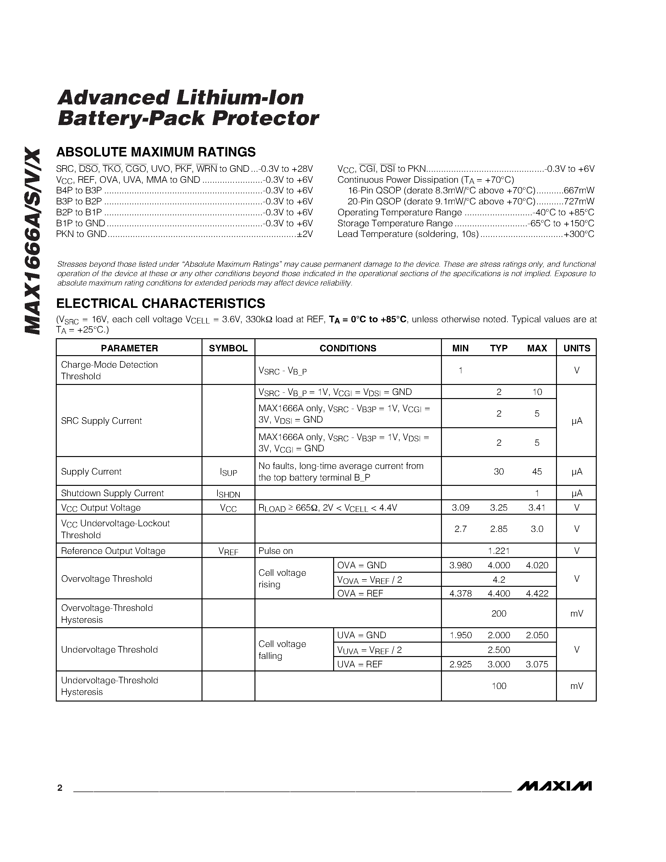 Datasheet MAX1666A page 2 Datasheet MAX1666A - Advanced Lithium-Ion Battery-Pack Protector page 2