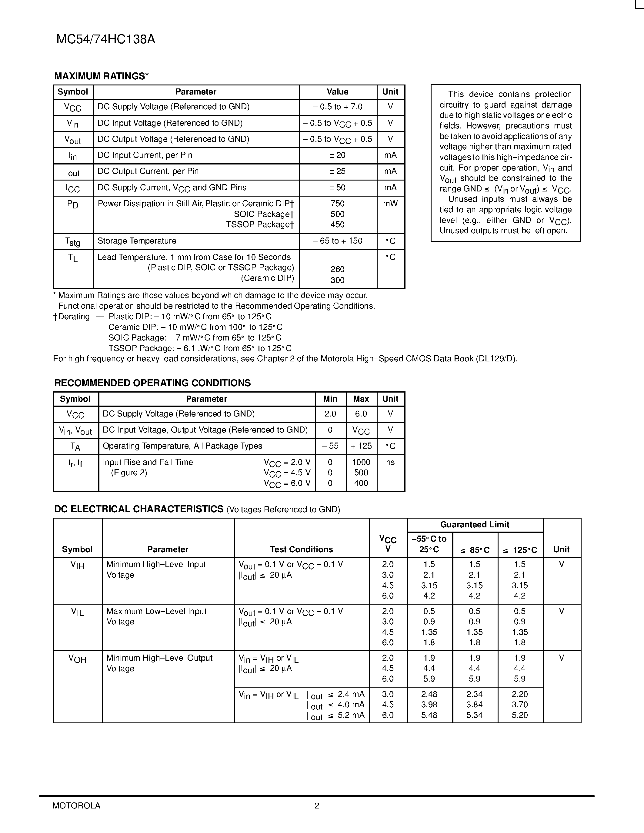 Даташит MC54HC138A - 1-OF-8 DECODER / DEMULTIPLEXER страница 2